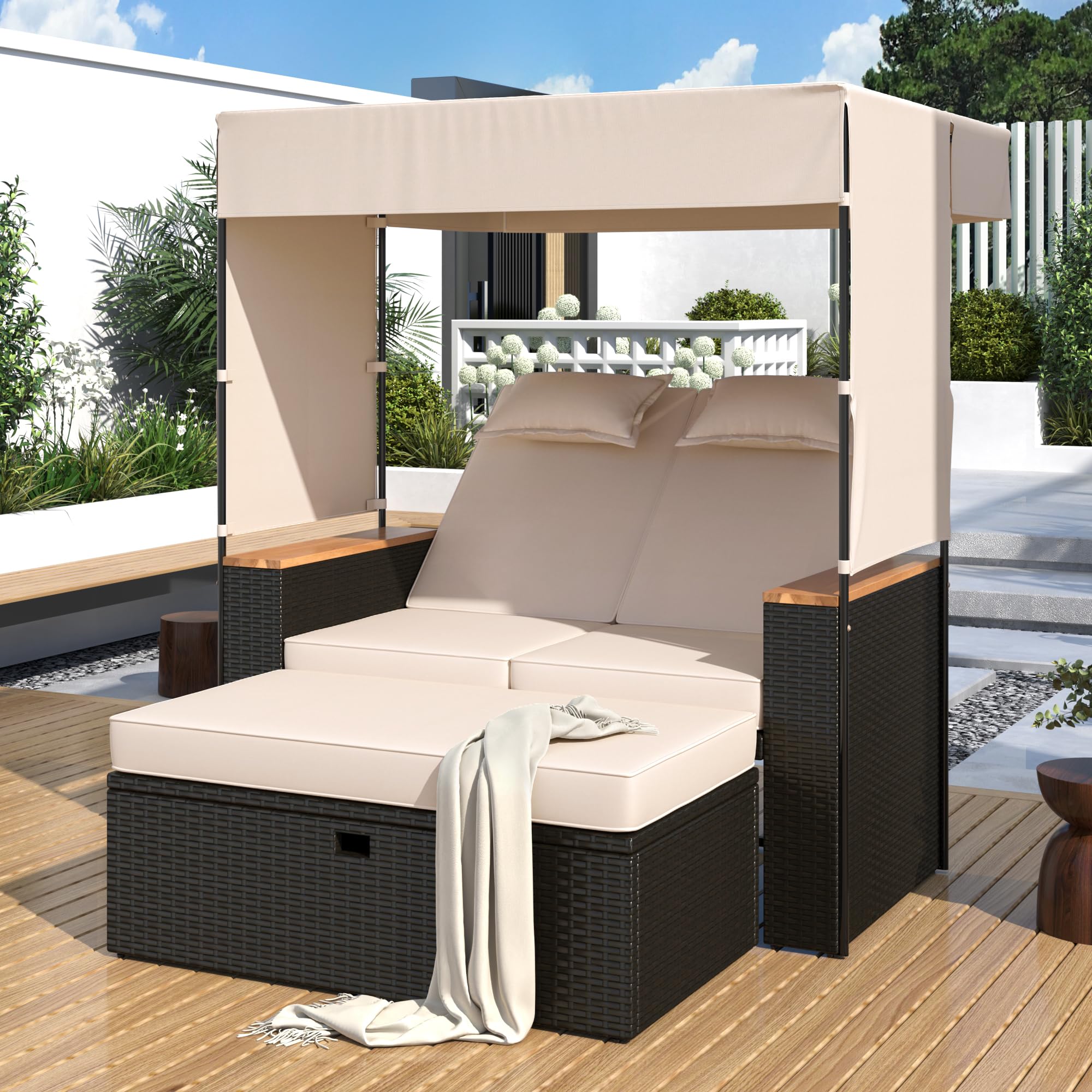 Merax 2-Piece Outdoor Rattan Patio Conversation Set with Adjustable Backrest - Waterproof Wicker Garden Furniture for Porch, Backyard, Balcony - Beige Lounge Bench Sofa Set for Relaxing & Entertaining Guests