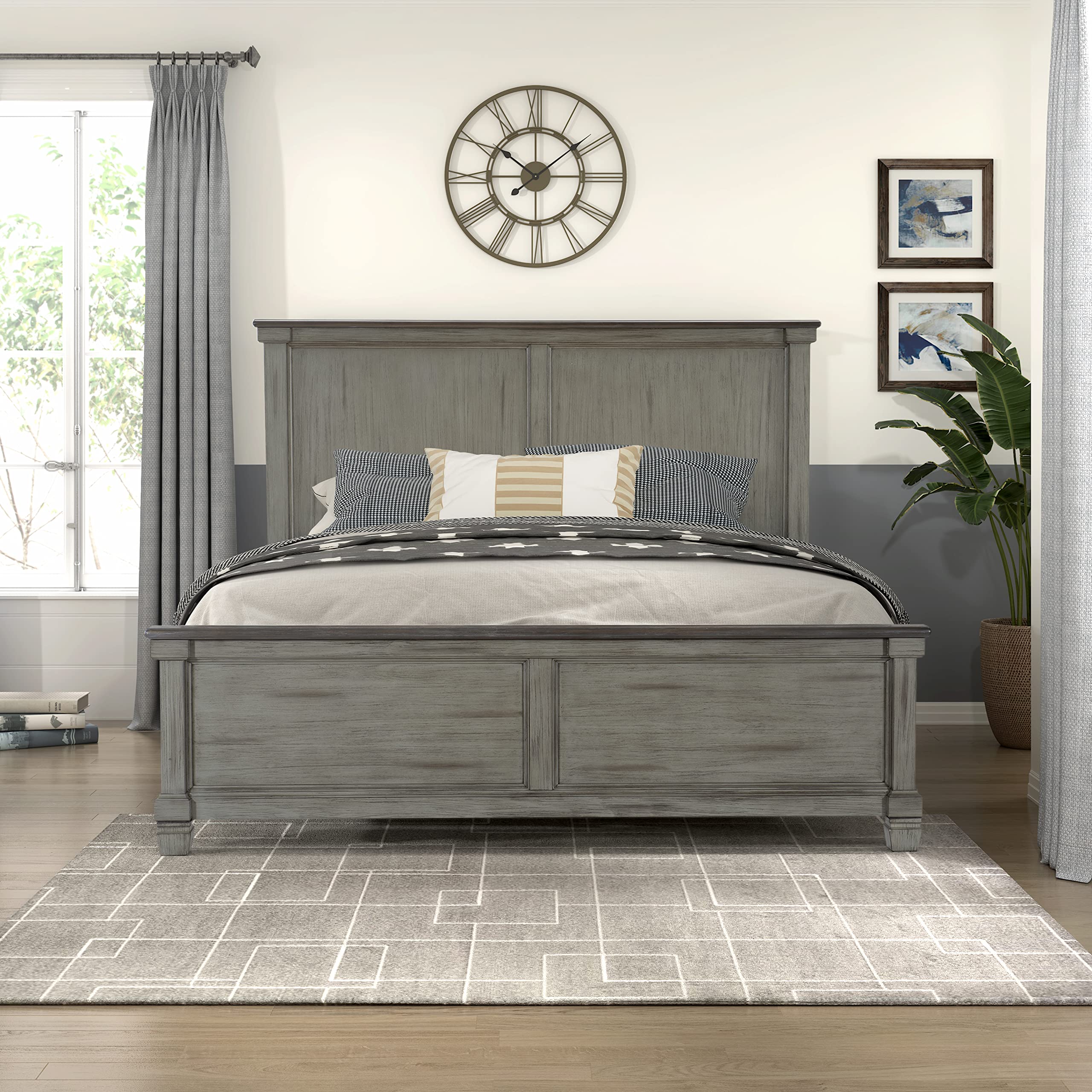 Lexicon Penza Panel Queen Bed Frame - Antique Gray & Coffee Finish - Modern Farmhouse Bedroom Furniture for Master & Guest Rooms
