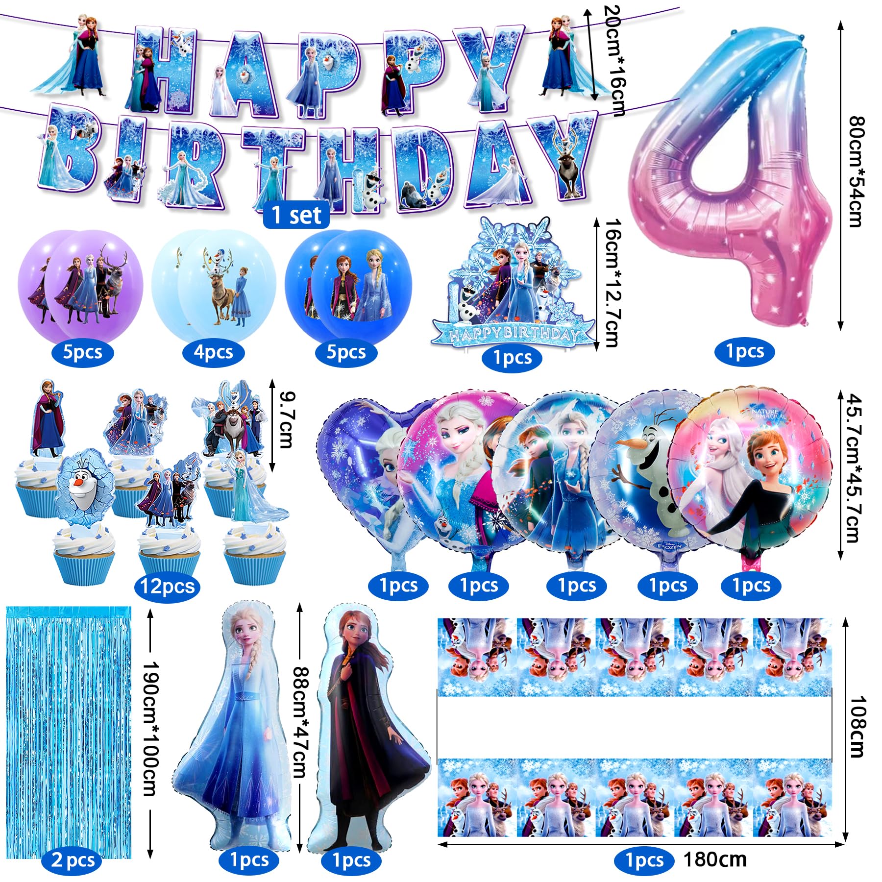 Frozen Birthday Balloon Kit for Girls - 4th Birthday Party Decorations with 3D Aluminum Balloons, Cake Toppers & Elsa Themed Supplies | Perfect for Frozen Themed Parties, Princess Celebrations & Disney-Inspired Decor