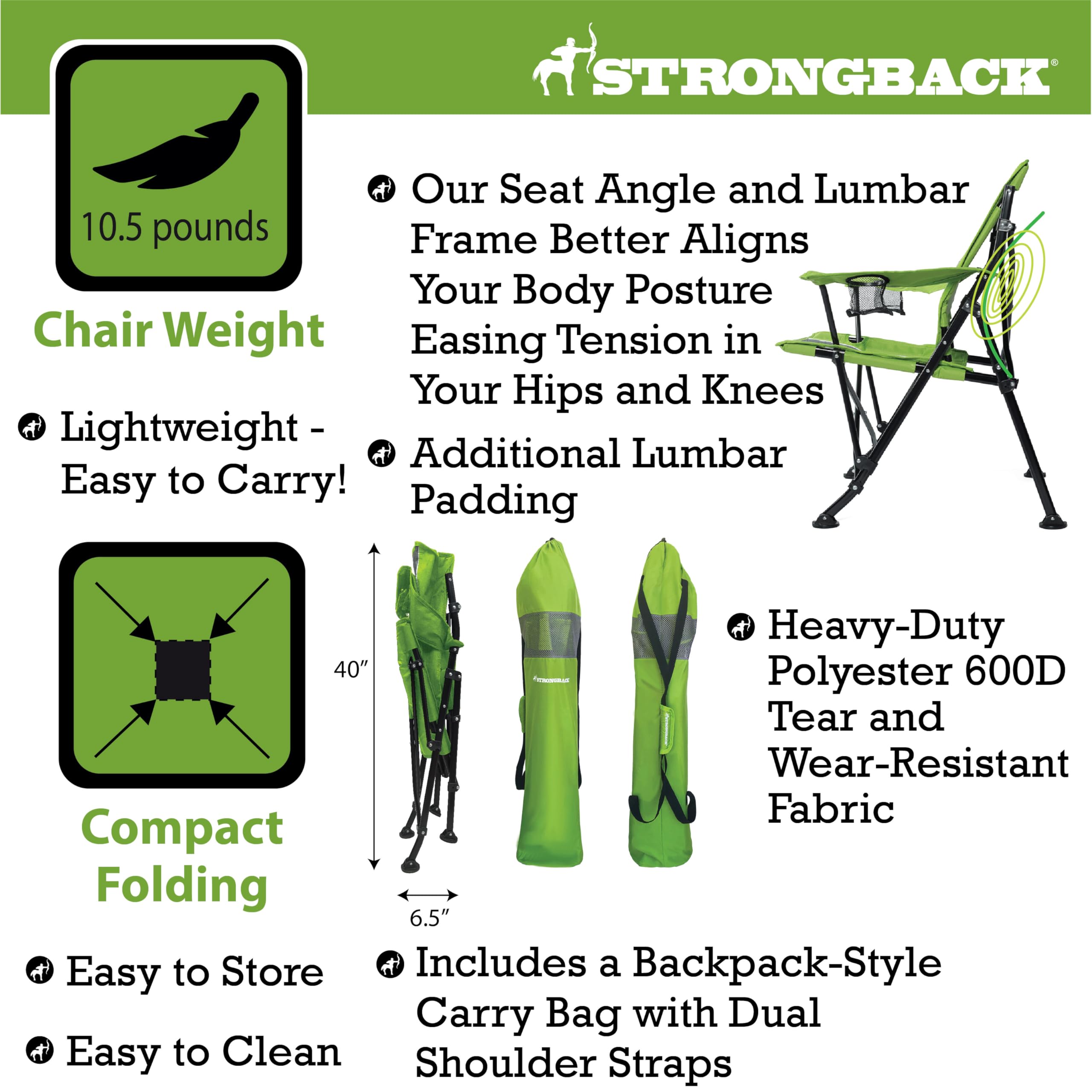 STRONGBACK Heavy Duty Camping Chair with Lumbar Support - Portable Folding Backpack Chair for Outdoor Adventures - Perfect for Hiking, Beach, Picnics & Backyard Relaxation - Lime Green