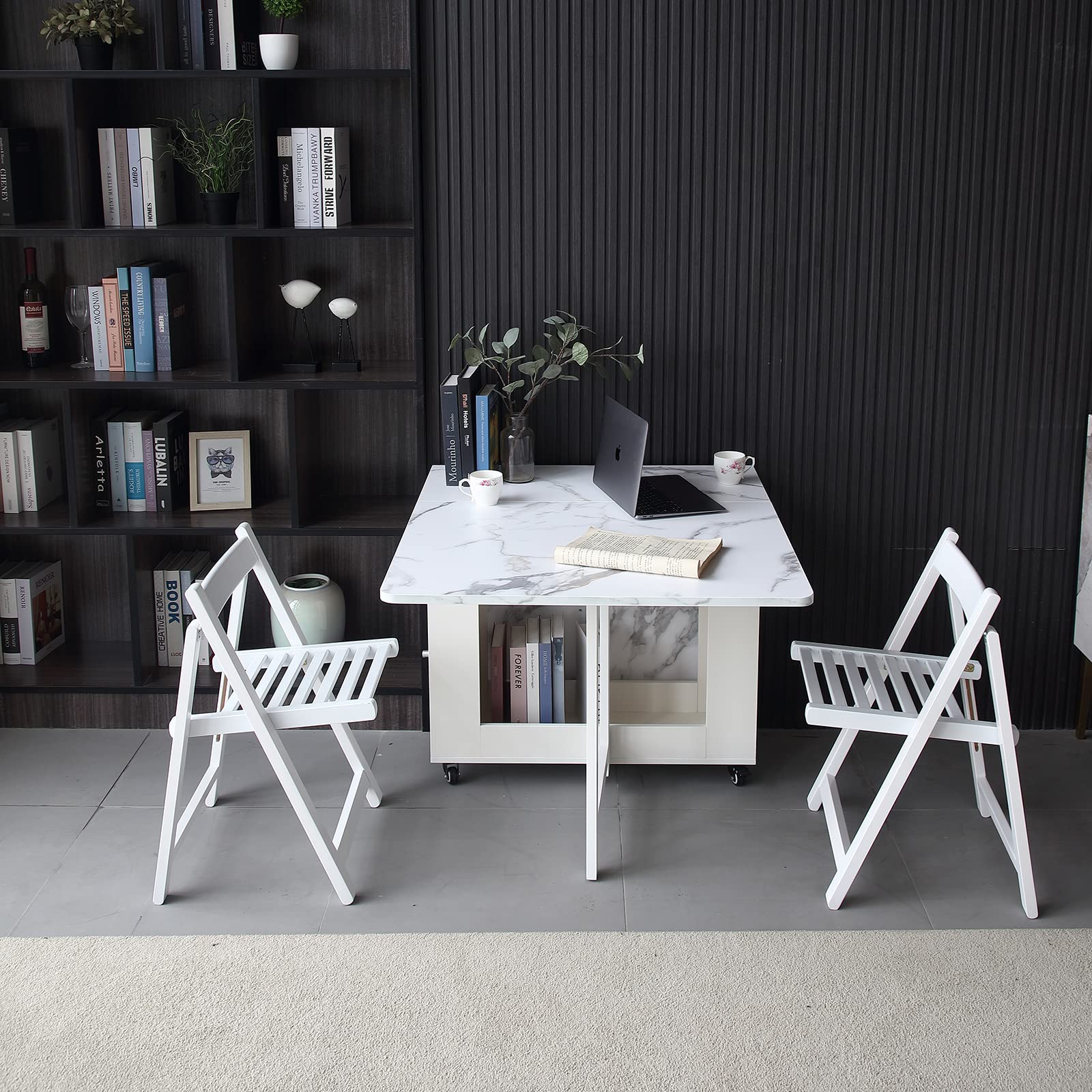 FUNROLUX White Folding Dining Table with Rack & 2 Storage Drawers - Extendable Space Saving Kitchen Table with 3 Adjustable Forms | Perfect for Small Apartments, Studio Kitchens & Compact Living Spaces