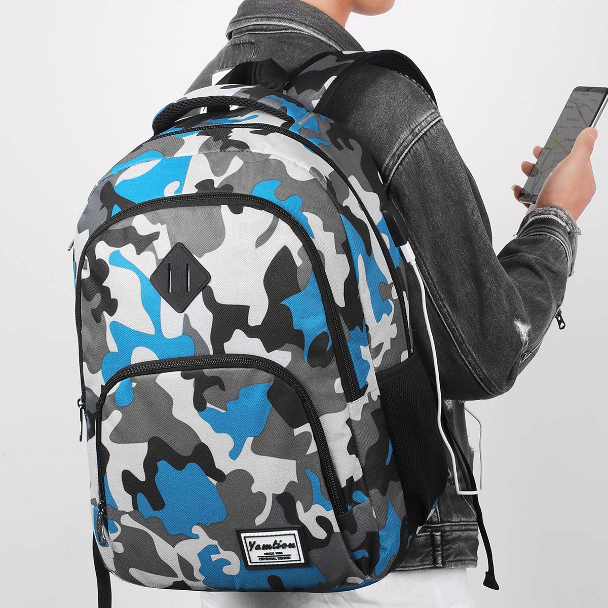 17 Inch School Backpack for Teen Boys & College Students - Durable Bookbag with USB Charging Port & Camouflage Blue Design - Perfect for High School, College, Travel & Daily Commute