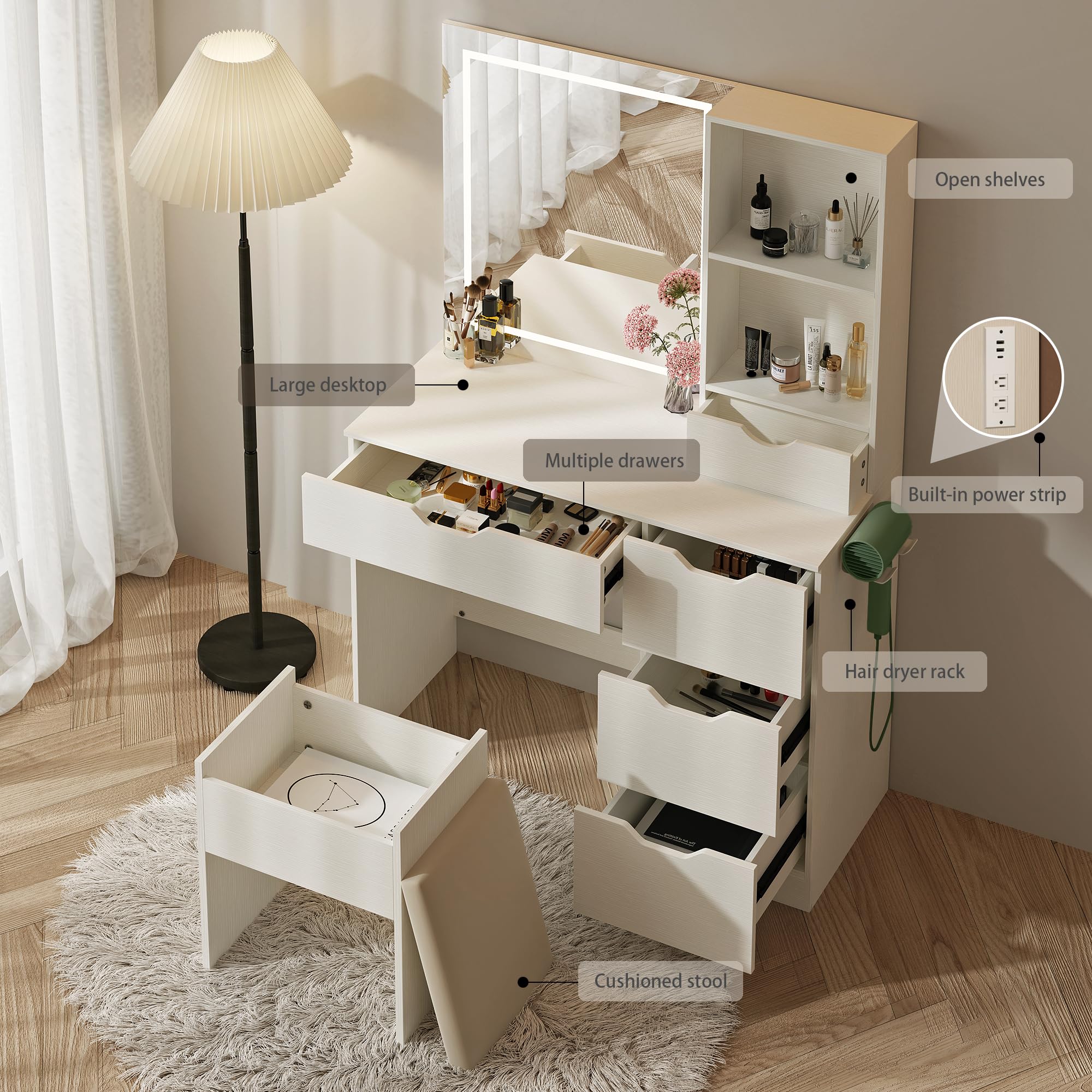 Vanity Desk with LED Lights Mirror & Power Outlet - 3 Adjustable Lighting Colors, 5 Storage Drawers, Makeup Vanity Set with Cushioned Stool - Perfect for Bedroom, Dressing Room & Home Salon (White)