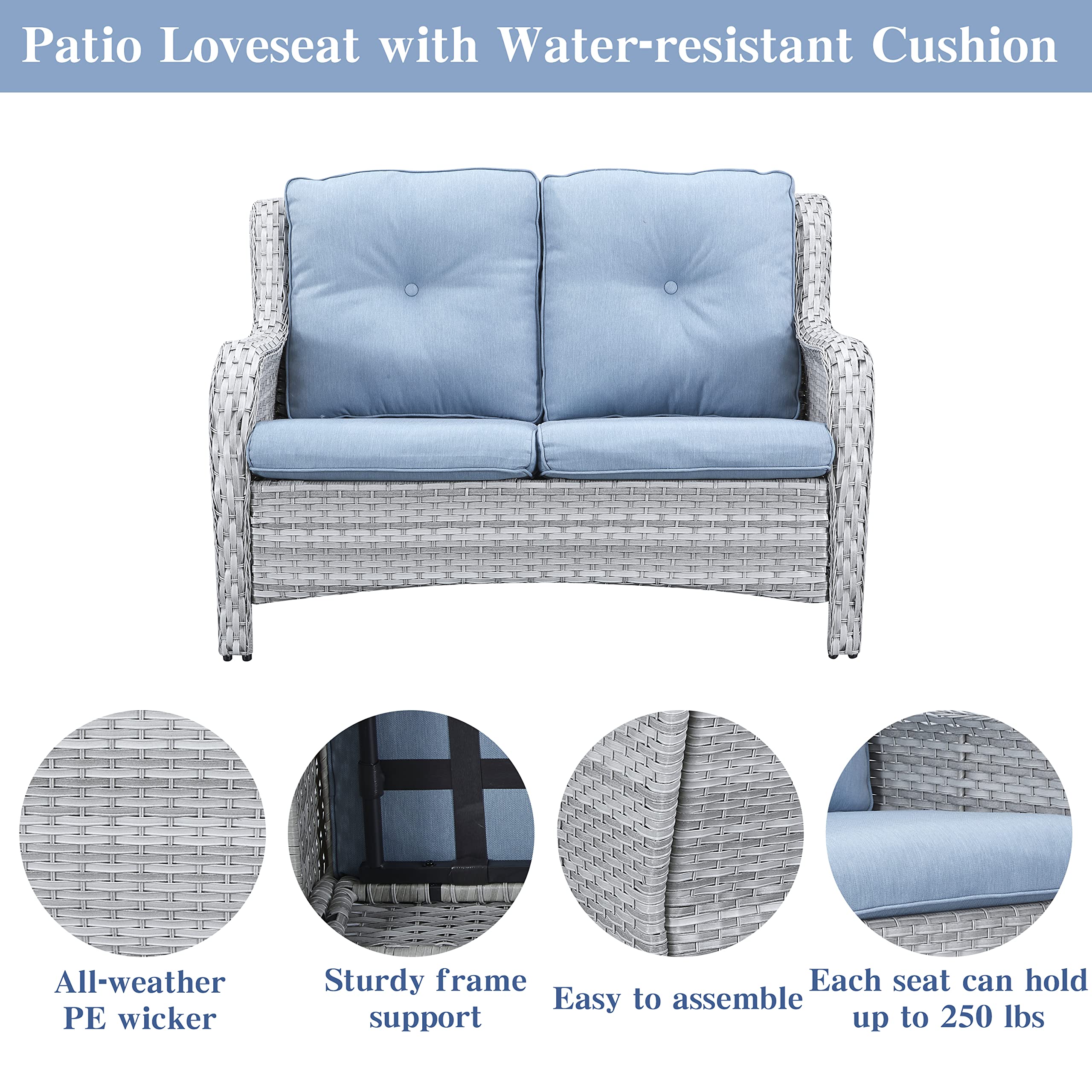 Outdoor Loveseat - 2 Seater Wicker Sofa with Baby Blue Cushion, Patio Furniture for Porch, Deck & Backyard | Perfect for Relaxing, Entertaining & Small Outdoor Spaces