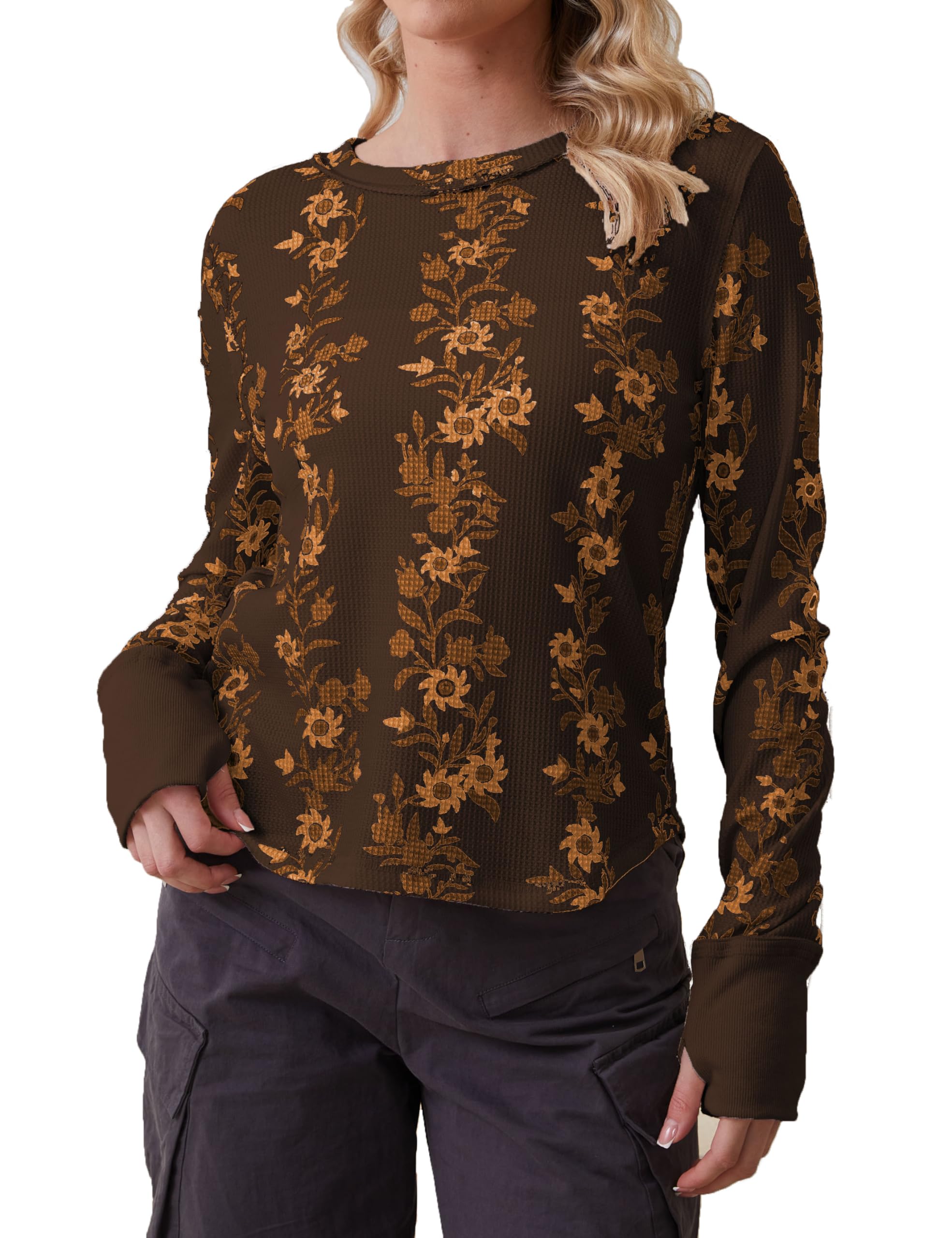Women's Long Sleeve Waffle Knit Pullover Shirt - Floral Print Crew Neck Casual Top for Fall & Winter | Perfect for Work, Date Night & Weekend Outfits