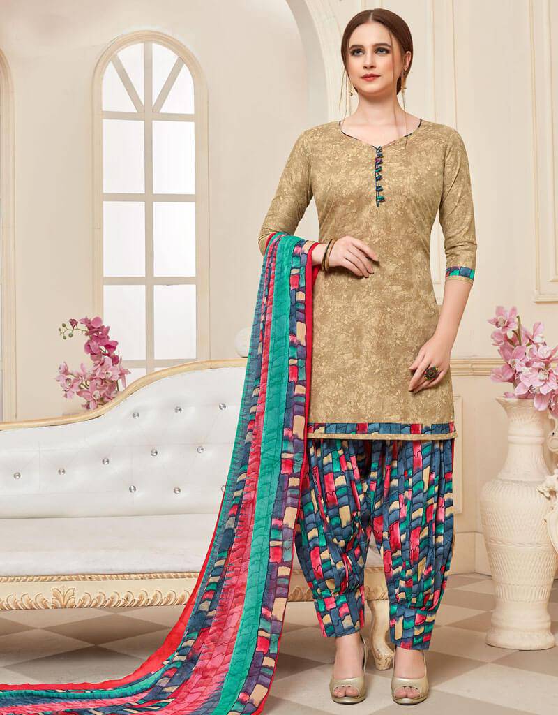 Stylish Beige Cotton Patiyala Suit for Women - Comfortable & Trendy Ethnic Outfit for Parties, Weddings & Festive Occasions