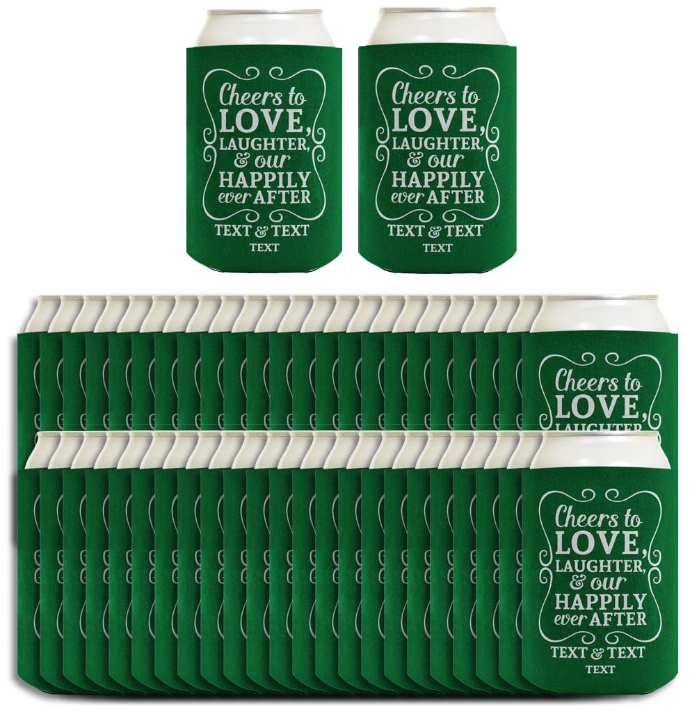 Cheers To Love Custom Names & Date 48-Pack Personalized Can Coolers - Wedding, Anniversary, Bridal Shower, Birthday Party Drink Sleeves for Beer & Soda Cans - Forest Design