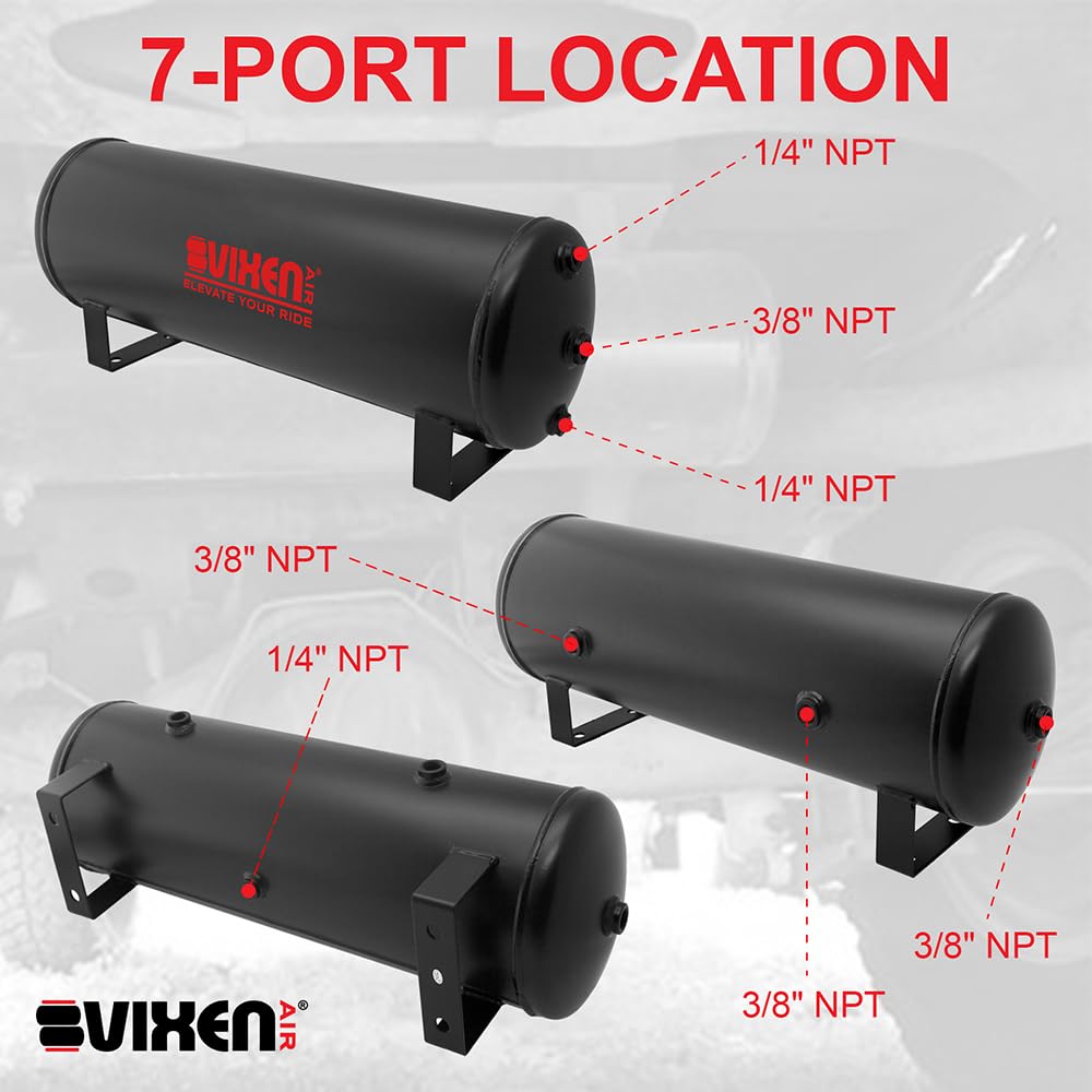 Vixen Air 4 Gallon Air Tank with 7 Ports - 200 PSI Rated for Air Suspension, Air Ride, Bag Systems & Train Horns (Model VXT4100) | Perfect for Truck, SUV & Custom Vehicle Upgrades