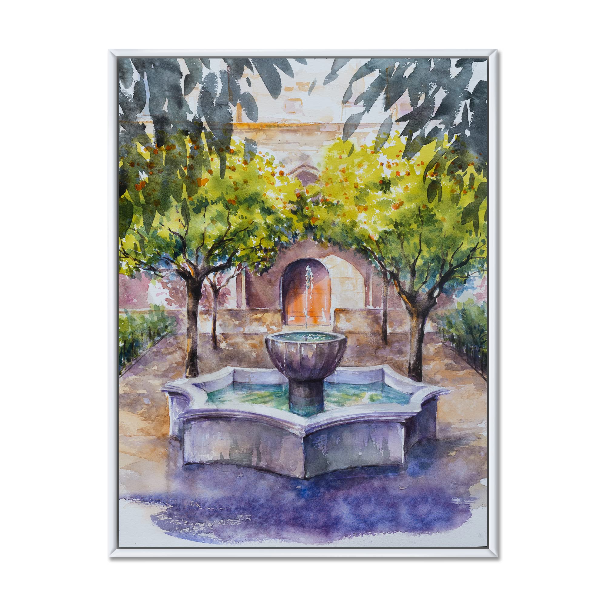 DesignQ Small Fountain Picture With Trees In The Village - Country Framed Canvas Wall Art Print for Living Room, Bedroom & Office Decor | Rustic Landscape Painting Home Decoration
