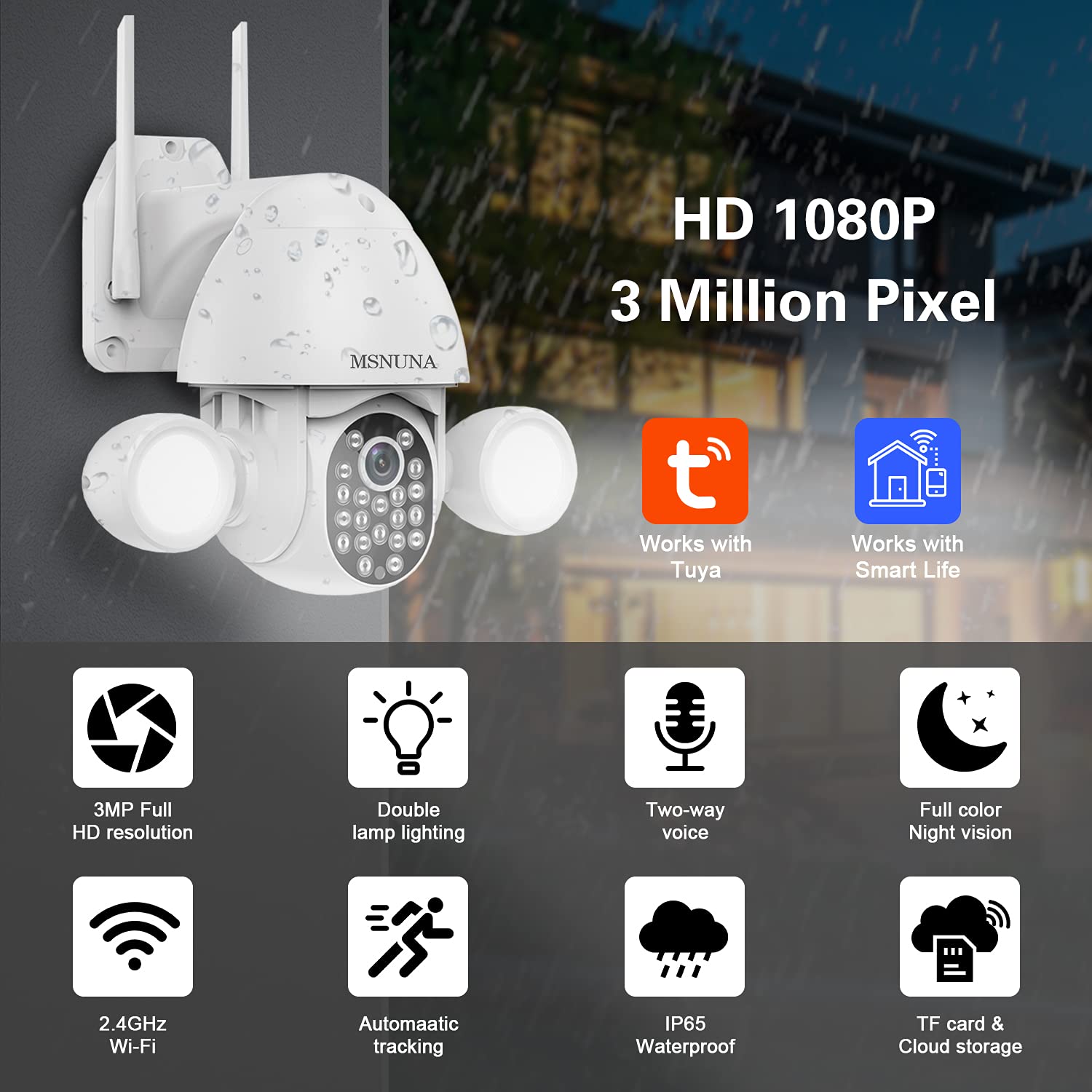 64GB Card Included - MSNUNA 3MP Ultra HD Outdoor Security Camera with Floodlight, 355° Pan Tilt View, Motion Detection, 2.4G WiFi, Color Night Vision, PTZ, Two-Way Audio, Weatherproof - Ideal for Home Security, Backyard Monitoring & Business Protection