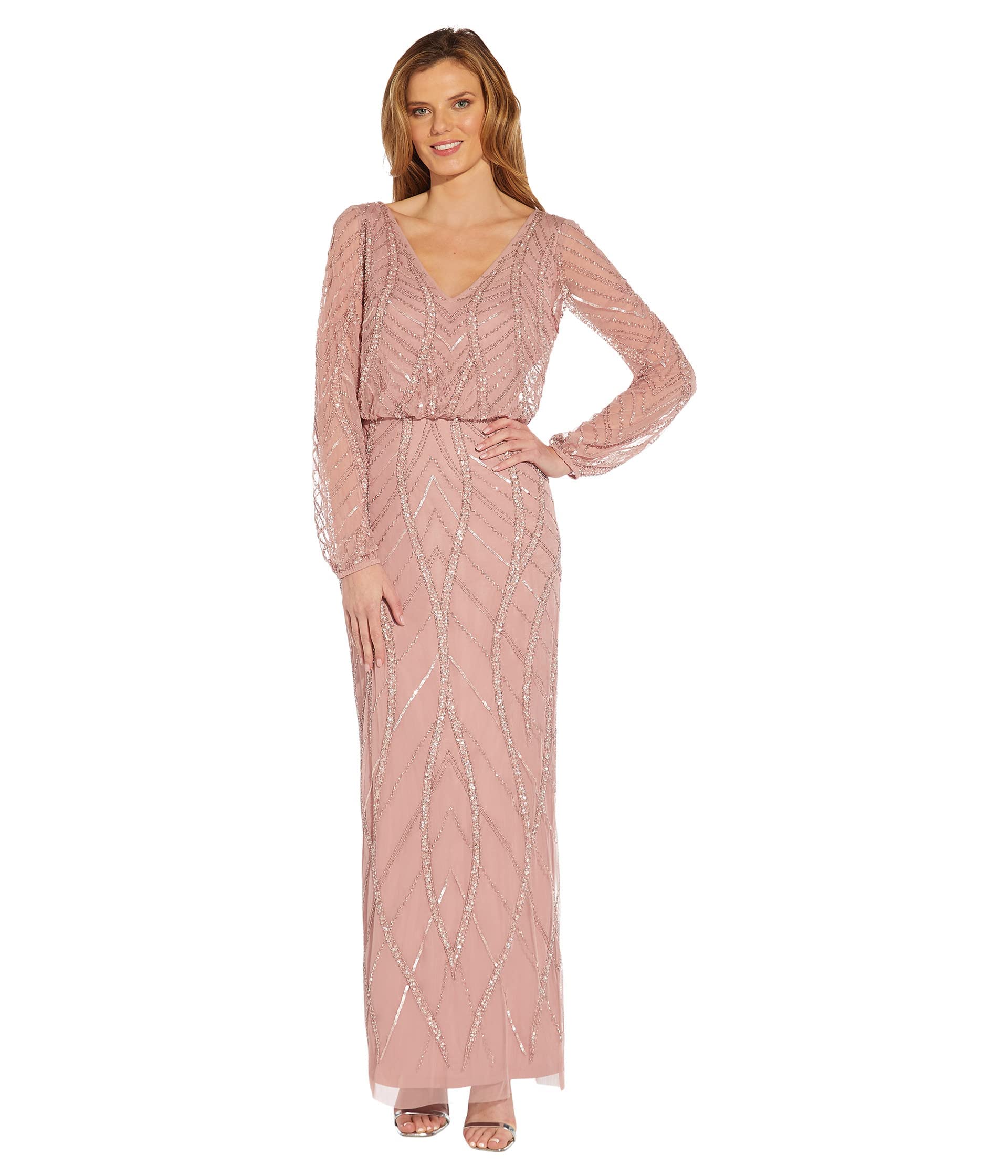 Adrianna Papell Women's Beaded Long Sleeve Evening Gown - Elegant Formal Dress for Prom, Wedding, and Black Tie Events