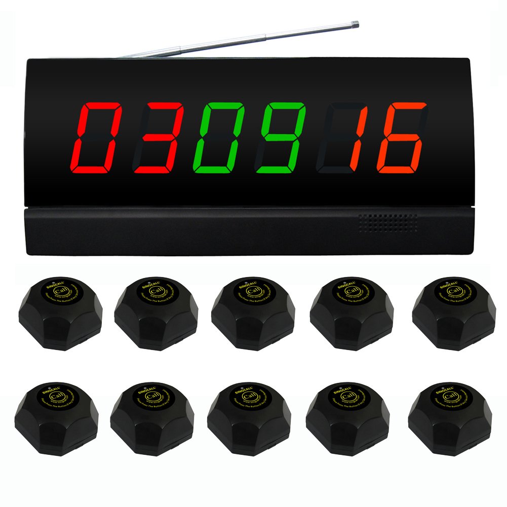 SINGCALL Wireless Restaurant Paging System - 10 Black Call Buttons & 1 Display for Efficient Order Management - Perfect for Cafes, Bars, and Food Service Businesses