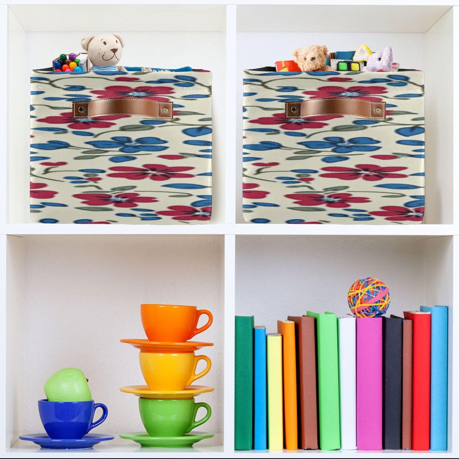 Large Storage Baskets with Handles - Foldable Home Organization Bins for Closet, Shelves & Bedroom (2-Pack, Creamy Red & Blue Floral Pattern) - Perfect for Toys, Laundry & Home Decor Storage