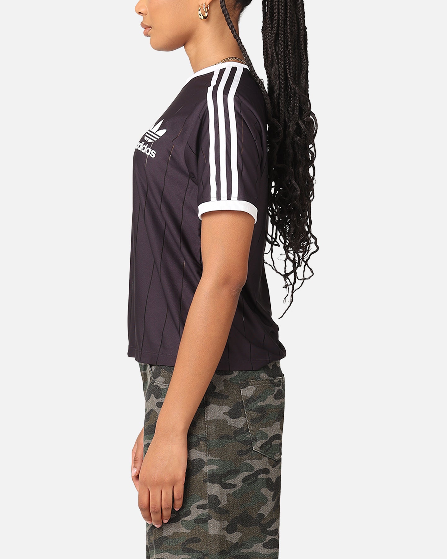 Adidas Women's 3 Stripes Pinstripe T-Shirt - Aurora Black | Casual Athletic Tee for Running, Gym & Everyday Wear