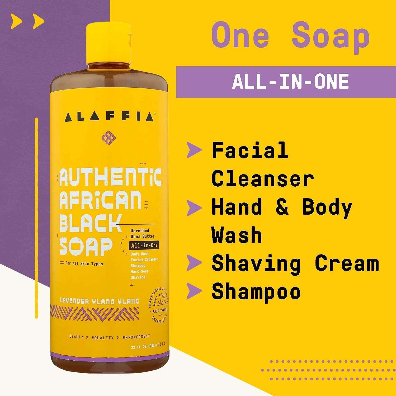 Alaffia Authentic African Black Soap - All-in-One Body Wash, Face Wash, Shampoo & Shaving Bar with Fair Trade Shea Butter, Lavender & Ylang Ylang - 32 Fl Oz - Natural Skin & Hair Care for Daily Cleansing & Moisturizing