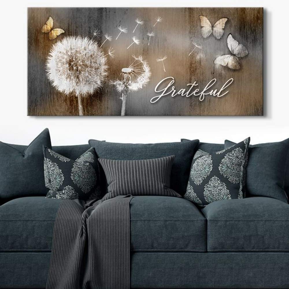 Grateful Dandelions & Butterfly Wall Art - Rustic Bedroom Decor Pictures (42x19, Brown) | Handmade Canvas Painting for Living Room, Bedroom & Office Wall Decoration