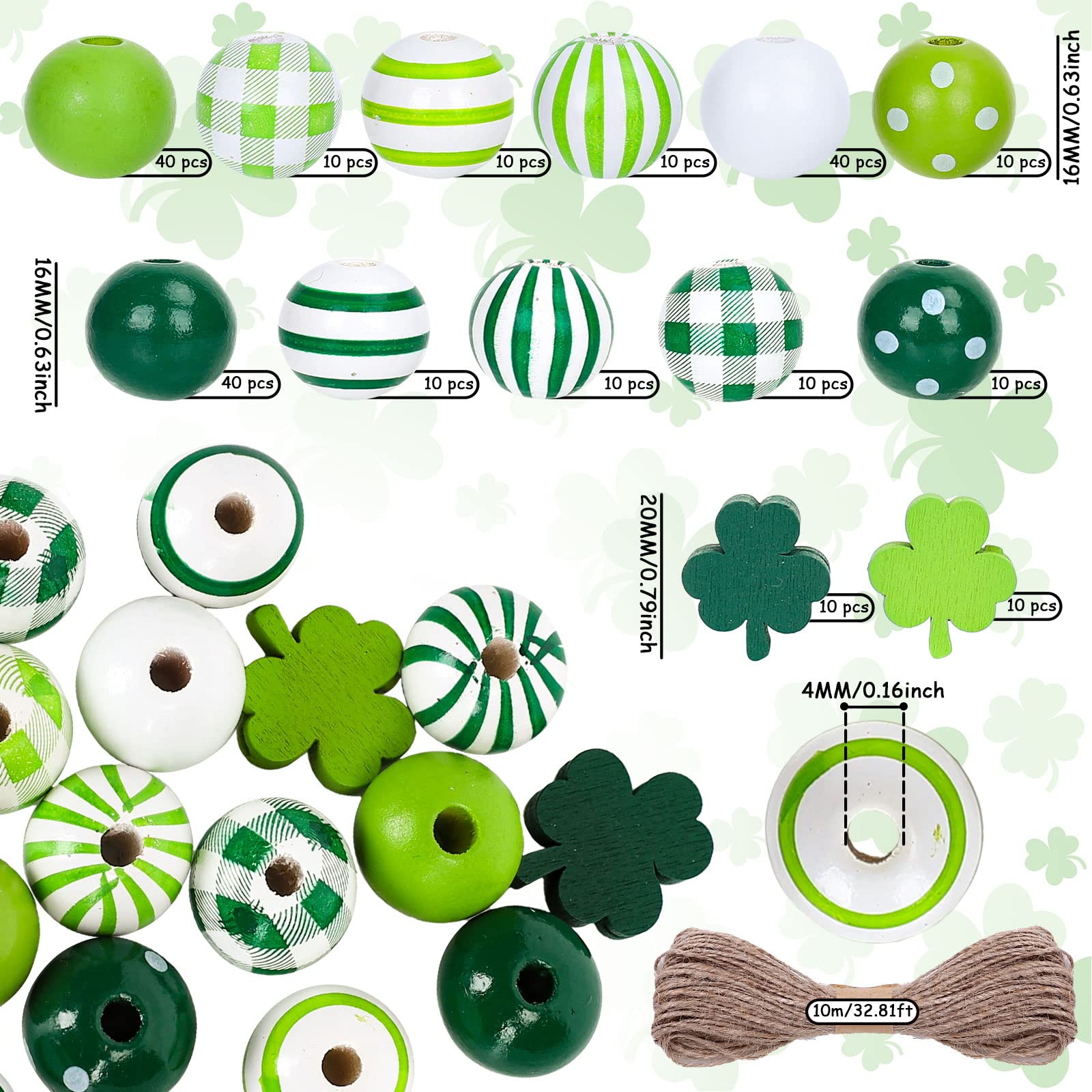 Whaline 220Pcs St. Patrick's Day Wood Beads - Green Shamrock, Round Shape, Plaids & Stripes Prints, Irish Style Assorted Craft Beads with Hemp Rope for DIY Necklace, Bracelet, Keychain & Bead Garland Making Supplies