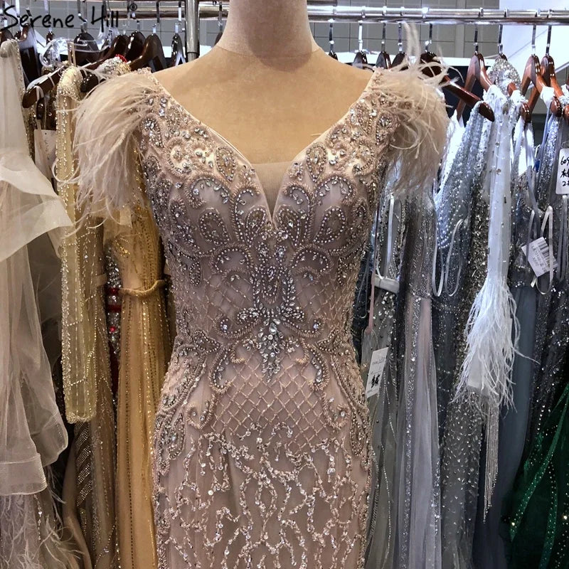 Elegant Champagne Mermaid Evening Dress with Diamond Feathers - Sleeveless Formal Beaded Gown for Women | Perfect for Prom, Wedding Guest & Black Tie Events - LA70350