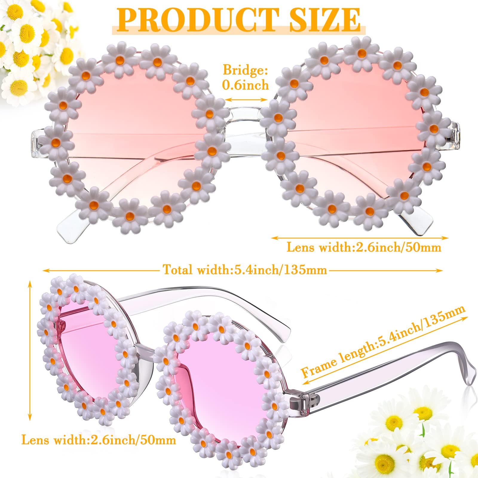 2 Pairs Daisy Flower Sunglasses for Women & Kids - Round Retro Flower Frame UV Protection Sunglasses with Flannel Bag - Perfect for Beach, Summer Outfits & Fashion Accessories