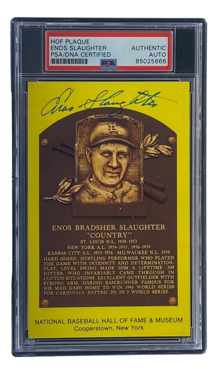 Authentic Enos Slaughter Signed 4x6 St. Louis Cardinals HOF Plaque Card - PSA/DNA Certified #85025666 - Perfect for Baseball Memorabilia Collections & Sports Fan Gifts