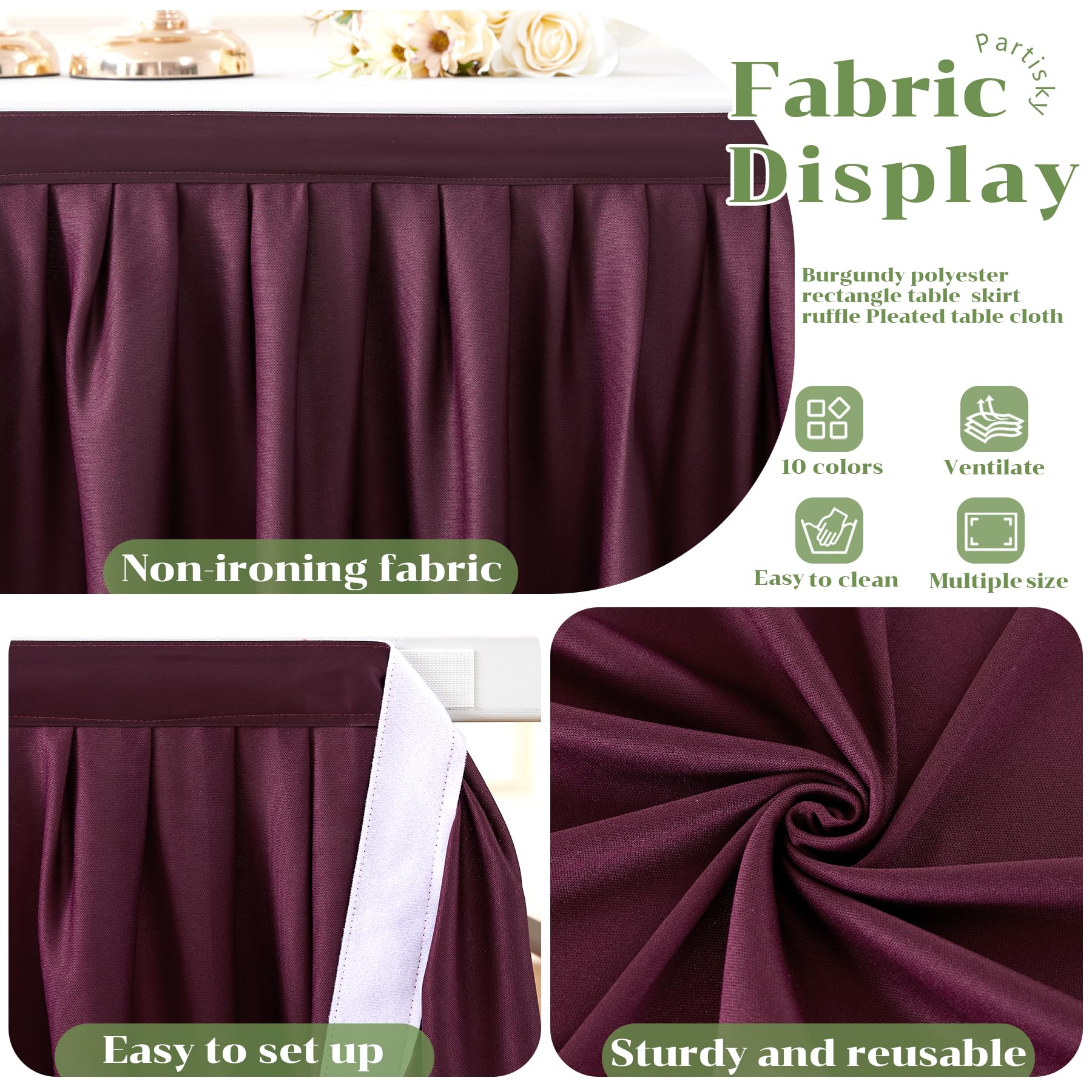 Burgundy Polyester Table Skirt 9ft - Wrinkle Resistant for Banquet & Wedding Decor
