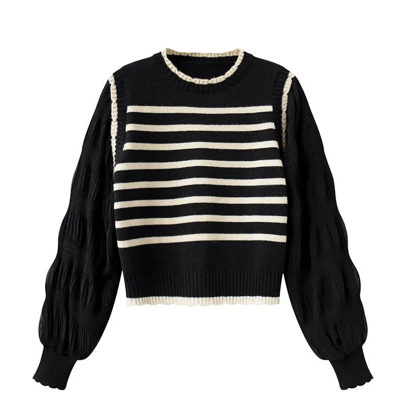 Women's Black & White Striped Knitted Two-Piece Sweater Set - Soft Korean-Style Pullover for Spring & Fall | Perfect for Casual Outings & Layered Outfits