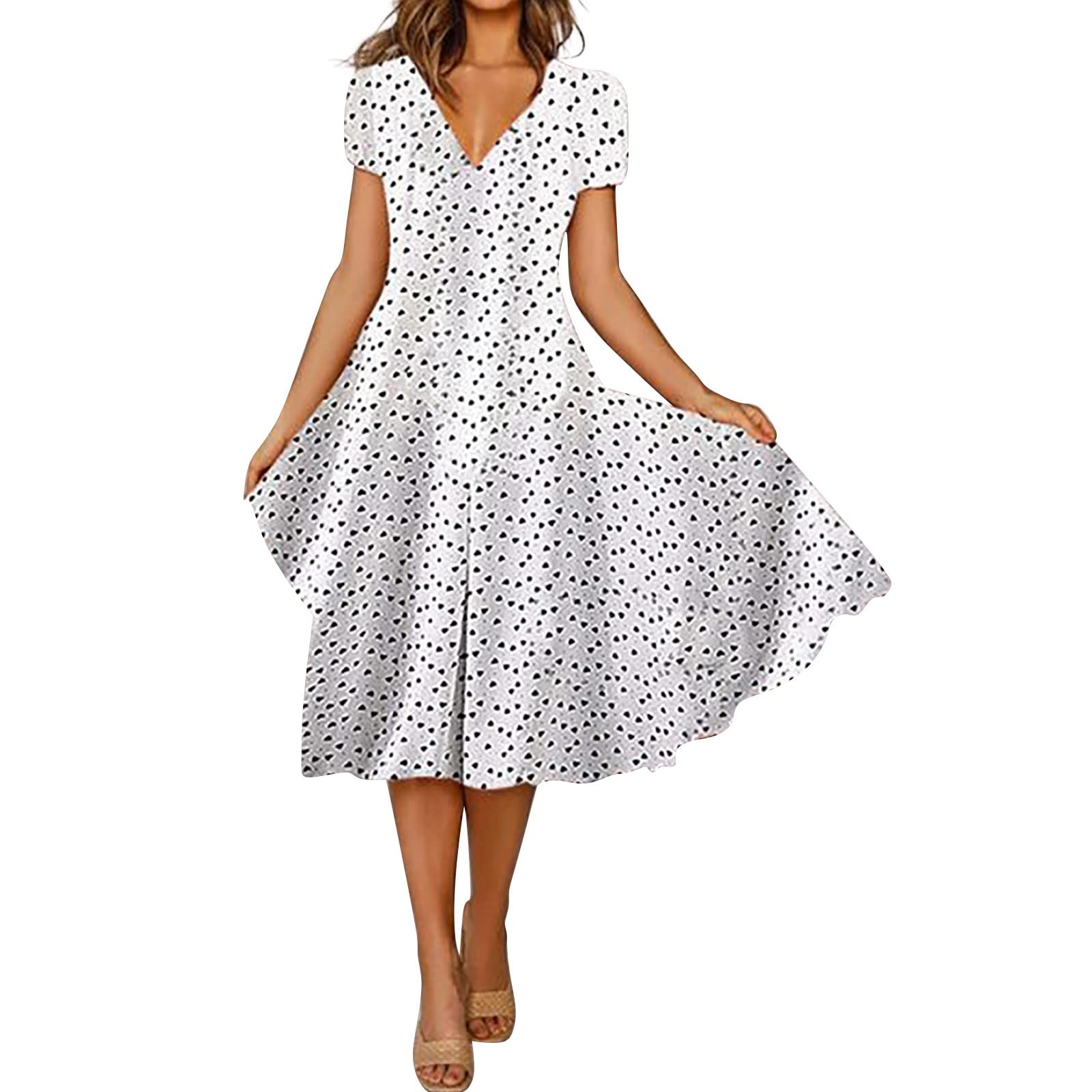 Floral Midi Dress for Women - Elegant Round Neck Short Sleeve Formal Dress | Summer Wedding Guest Dress, Office Wear & Special Occasion Outfit