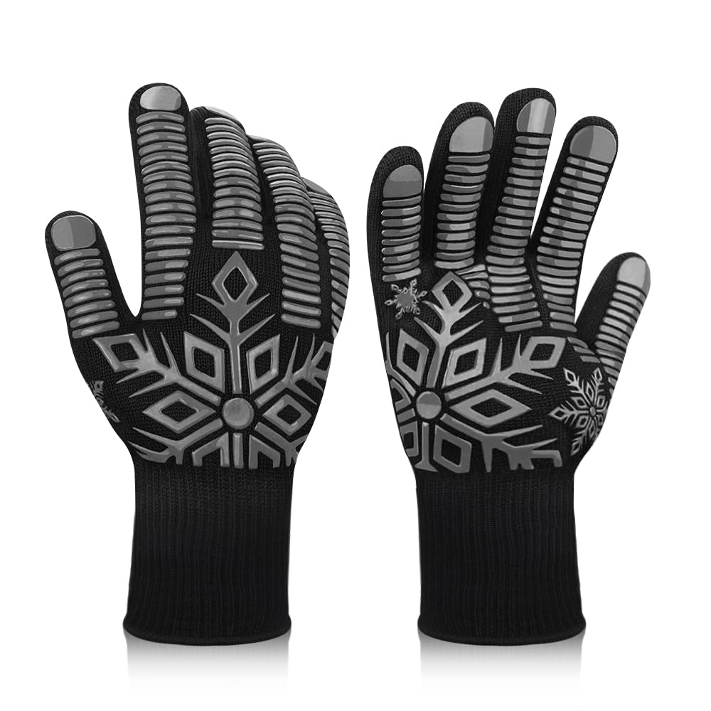 Heat Resistant BBQ Gloves - Comsmart Silicone Non-Slip Fireproof Oven Mitts for Grilling, Barbecue, Cooking & Baking - Perfect for Outdoor Camping, Backyard Parties & Kitchen Use (Gray)