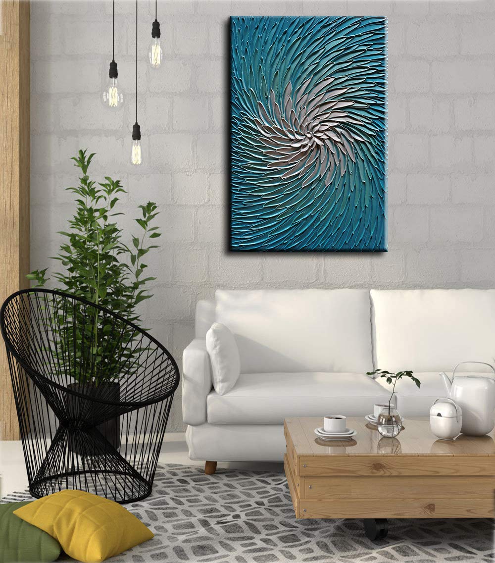 YaSheng Art - Modern 3D Metallic Blue & Silver Abstract Oil Painting on Canvas | Contemporary Wall Art Decor | Ready to Hang 24x36 Inch | Perfect for Living Room, Bedroom & Office Decor