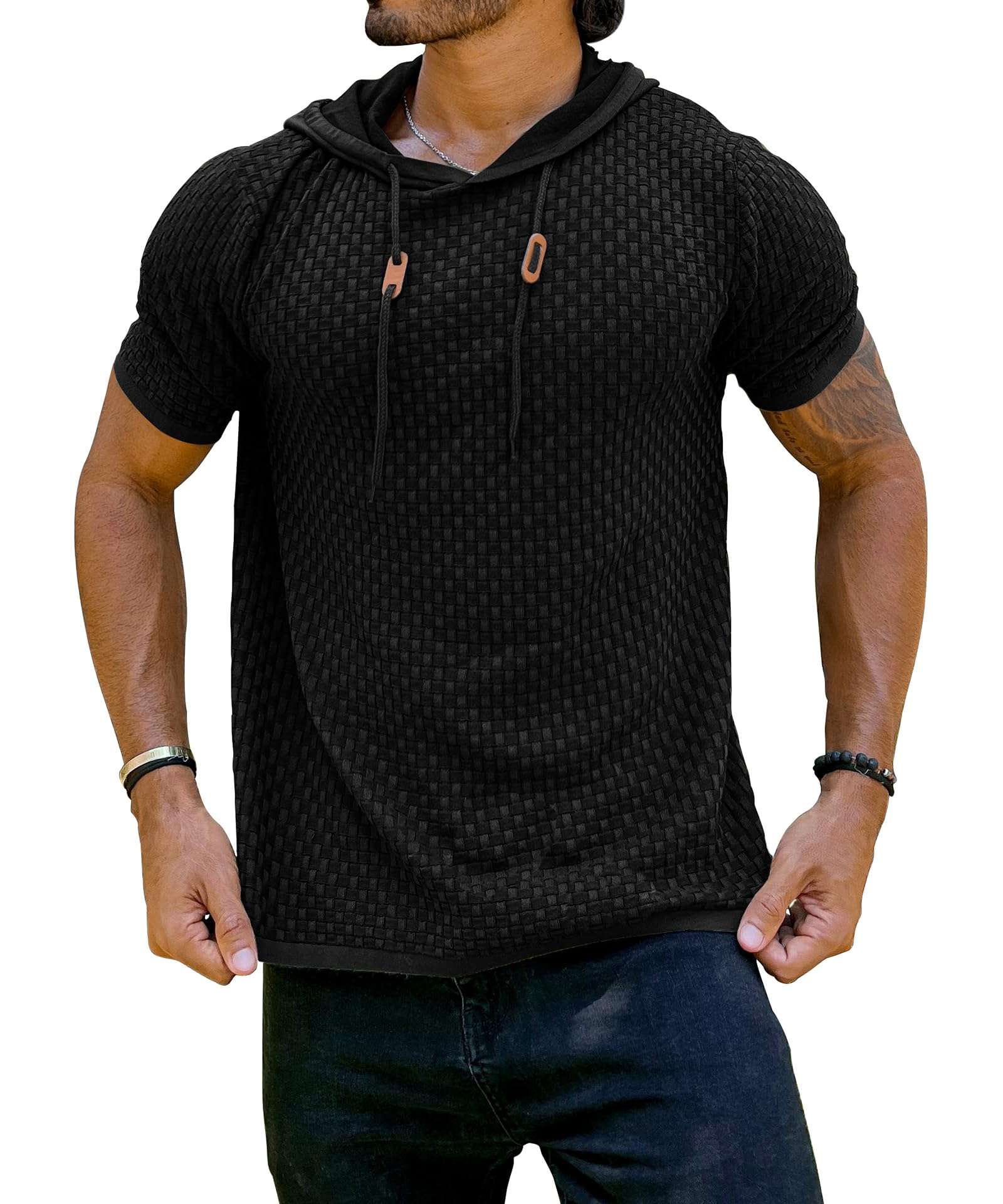 Zaitun Men's Short Sleeve Hoodie Shirt - Casual Waffle Knit Pullover Sweater for Men | Lightweight Summer Top for Outdoor Activities, Travel & Lounge Wear
