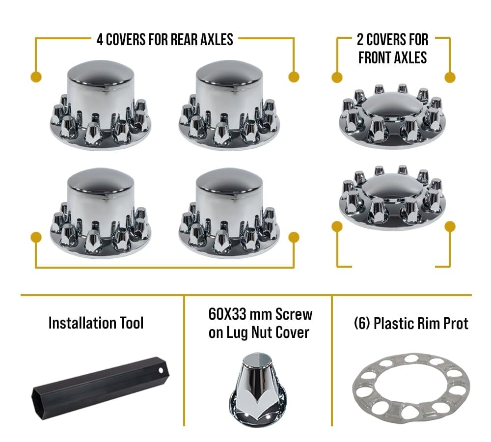 Mytee Products Complete Wheel Chrome Axle Cover Set - 33mm Threaded Lug Nut Covers for Semi Trucks, Freightliner, Volvo - Removable Hub Caps Kit (2 Front & 4 Rear) - Heavy Duty Truck Accessories for Enhanced Protection & Style