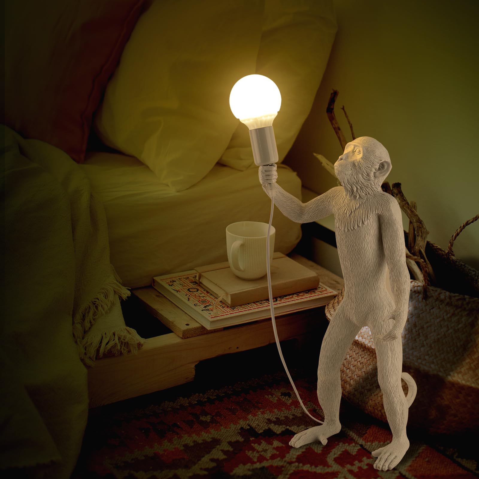Modern Resin Standing Monkey Table Lamp - LED Desk Lamp for Home Decor, Bedroom, Living Room, Office & Kids Room - Animal-Themed Night Light (White) - Perfect for Reading, Study & Cozy Ambiance