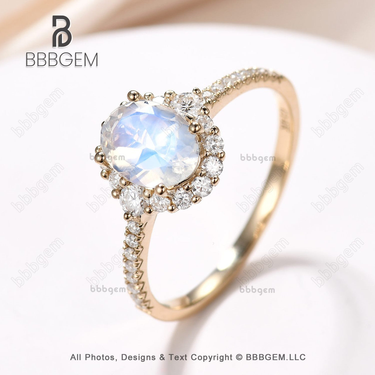 6X8mm Oval Moonstone Wedding Ring with Moissanite Halo in 18K Yellow Gold - Elegant Bridal Ring for Women, Perfect Christmas Gift for Anniversary, Engagement or Special Occasions