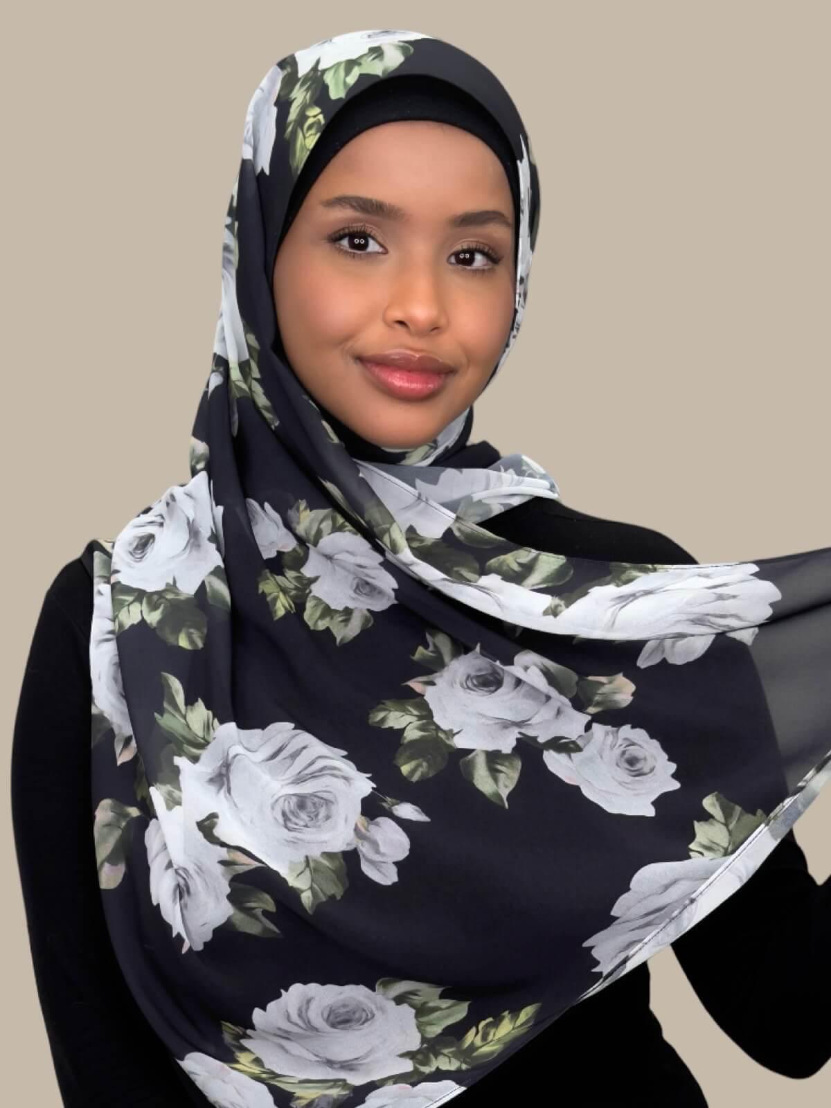 Printed Chiffon Hijab with Frosted Rosette Design - Lightweight Muslim Scarf for Women - Perfect for Daily Wear, Prayer, and Special Occasions