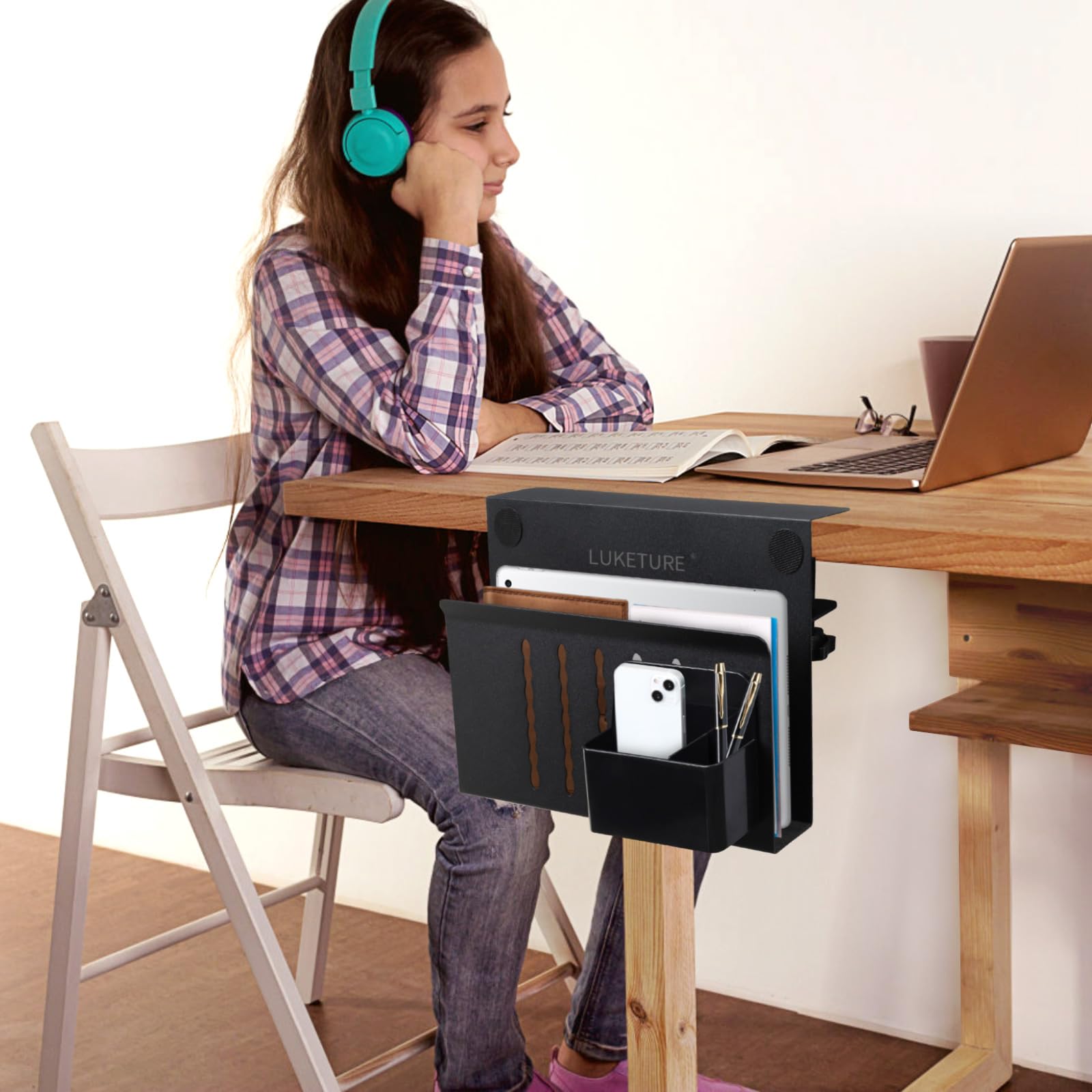 LUKETURE Steel Desk Side Organizer - No Drill Laptop Holder & Clamp-On Mount with Pen Storage, Fits Flat Edge Tables 0.3