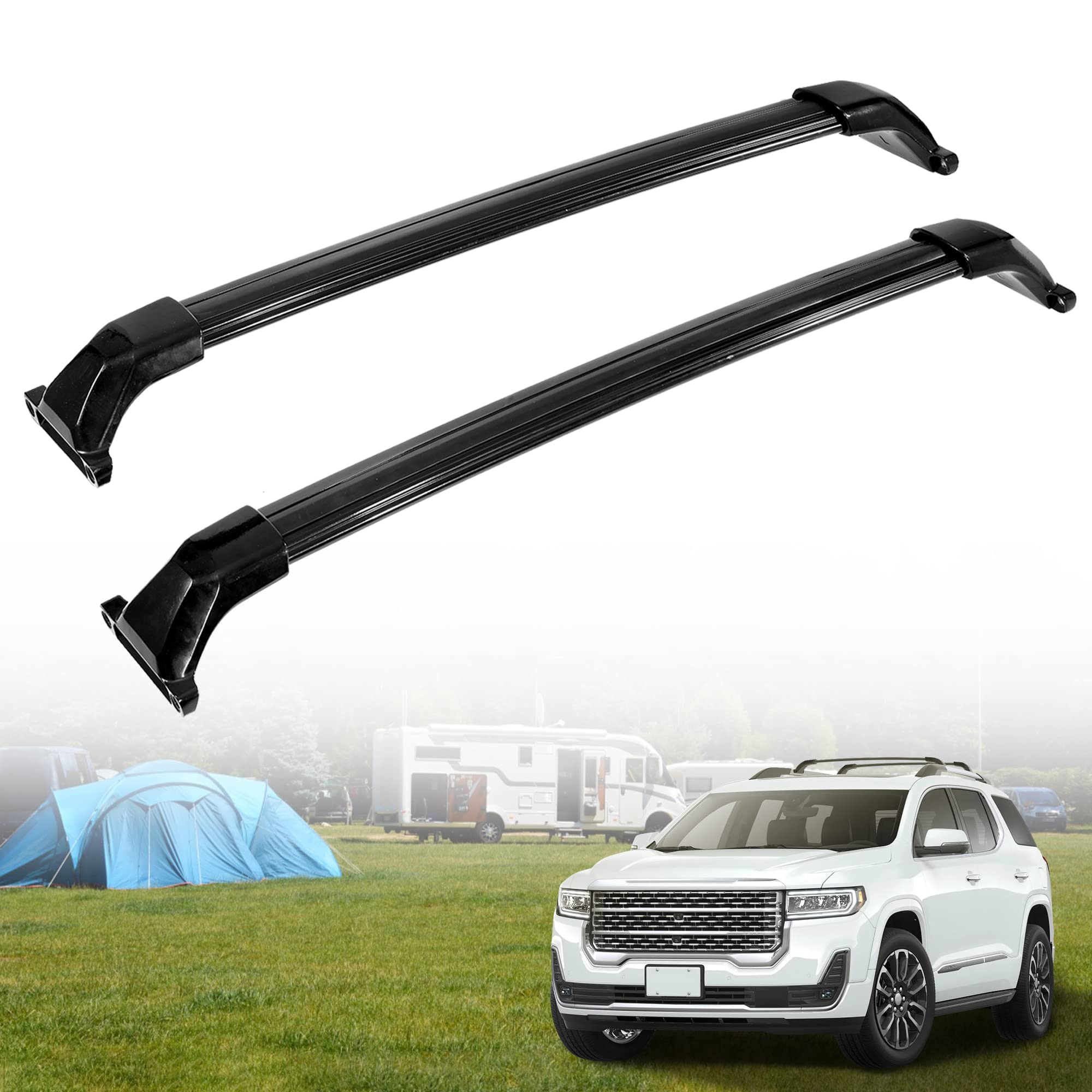 AUXMART Aluminum Roof Rack Cross Bars for 2017-2023 GMC Acadia - 165LBS Capacity, Bright Black Cargo Bars for One-Piece Side Rails (with Fixed Points) | Perfect for Road Trips, Camping Gear & Outdoor Adventures