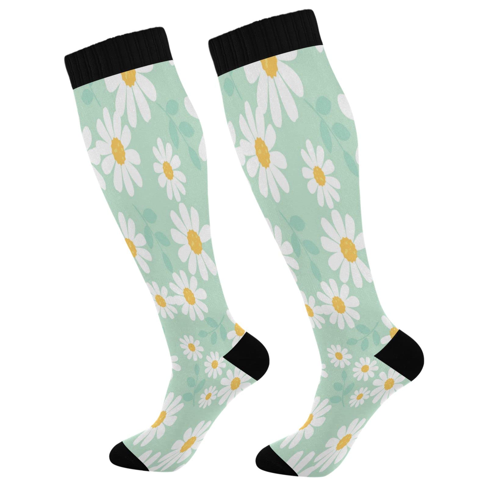 Kigai Compression Socks for Women & Men - Knee High Stockings with Daisy Pattern for Running, Sports & Travel - 2 Pairs - Improve Circulation & Reduce Swelling (Perfect for Nurses, Athletes & Long Flights)