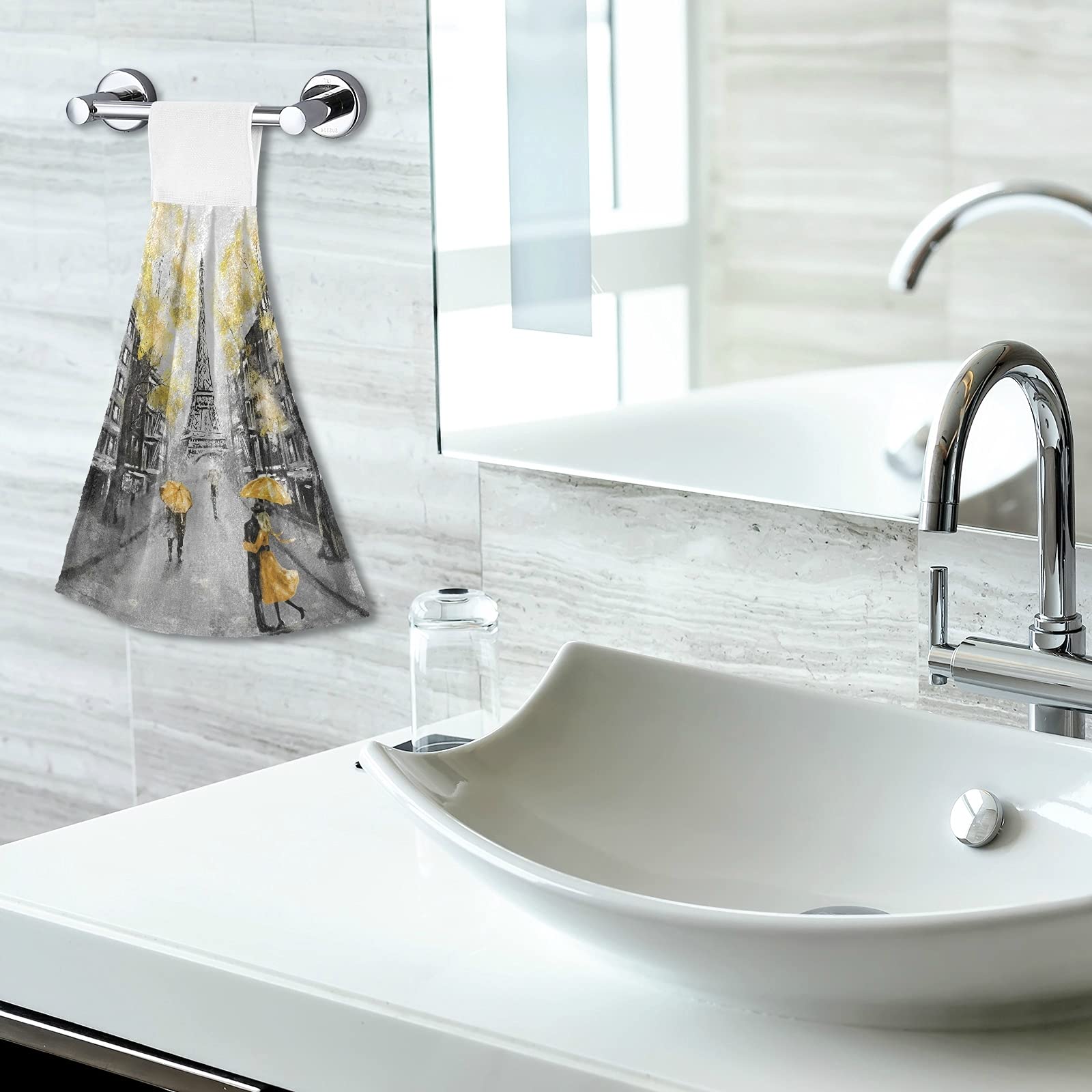 Set of 2 Modern Yellow Paris Landscape Kitchen Towels - Absorbent Hanging Hand Towels & Washcloths for Kitchen, Bathroom Decor | Perfect for Home, Airbnb & Gift Giving