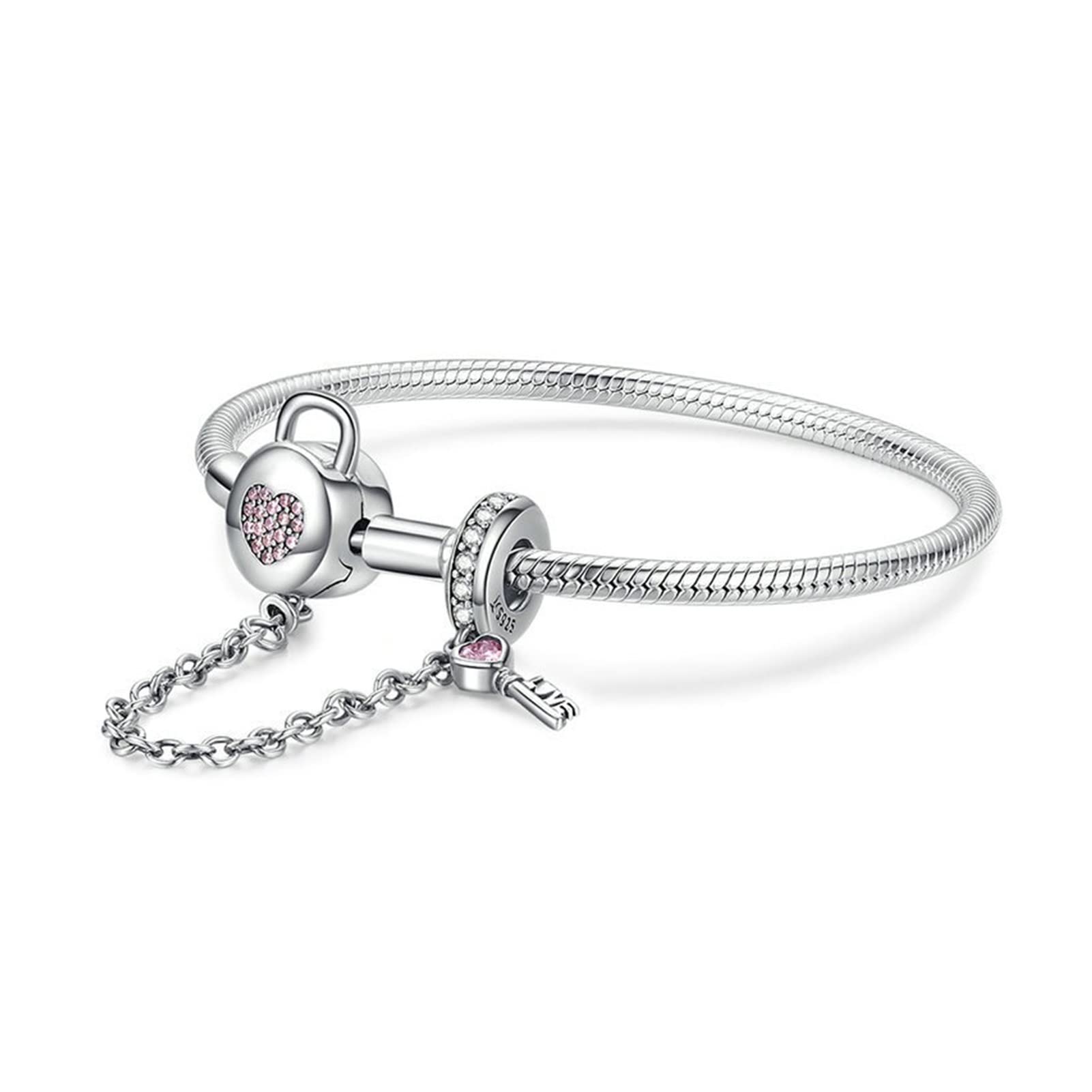 925 Sterling Silver Heart Key Safety Chain Bracelet with Pink Zircon Charm - Elegant Gold Color Bangle for Women (19cm) - Perfect for Valentine's Gifts, Anniversary Presents & Everyday Fashion Jewelry