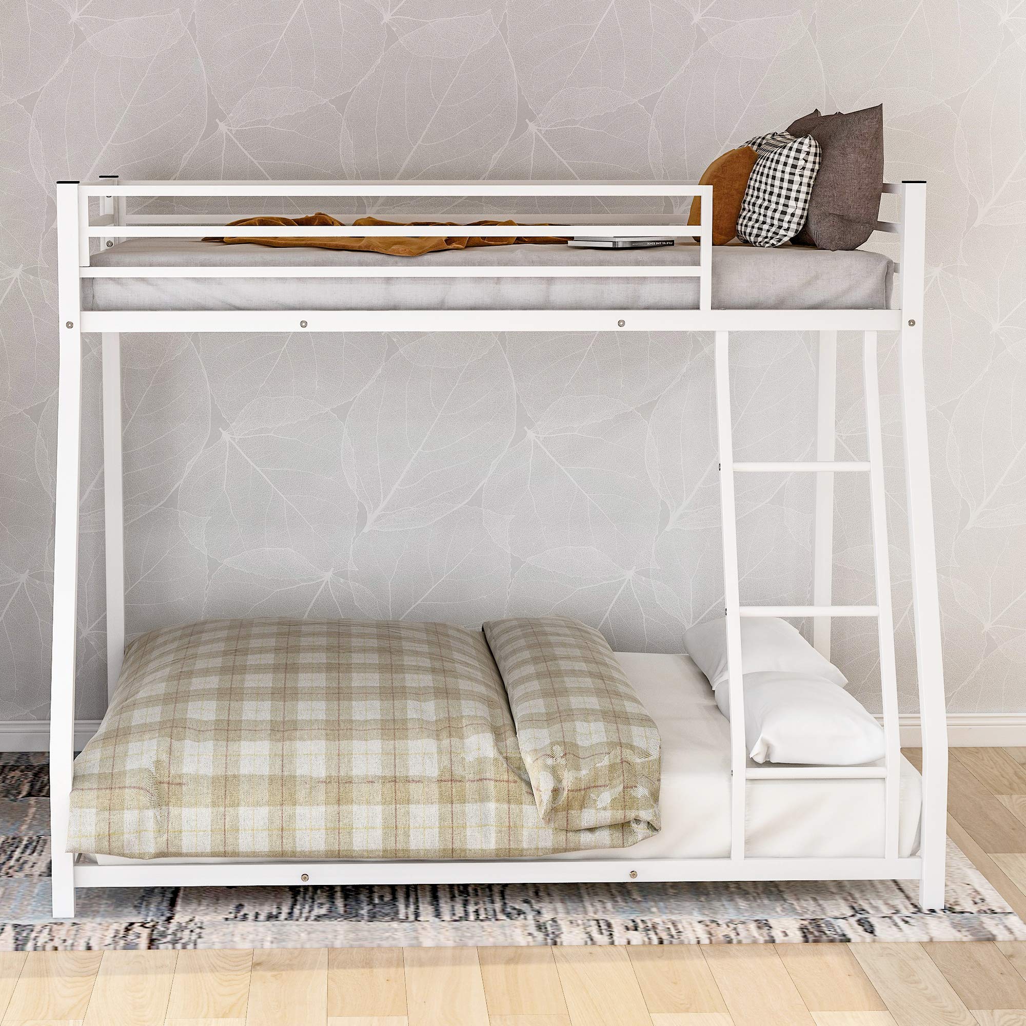 Merax Twin Over Full Metal Low Floor Bunk Bed with Ladder & Safety Rails - No Box Spring Needed, Easy Assembly Loft Bed in White - Perfect for Kids Rooms, Guest Bedrooms & Small Spaces