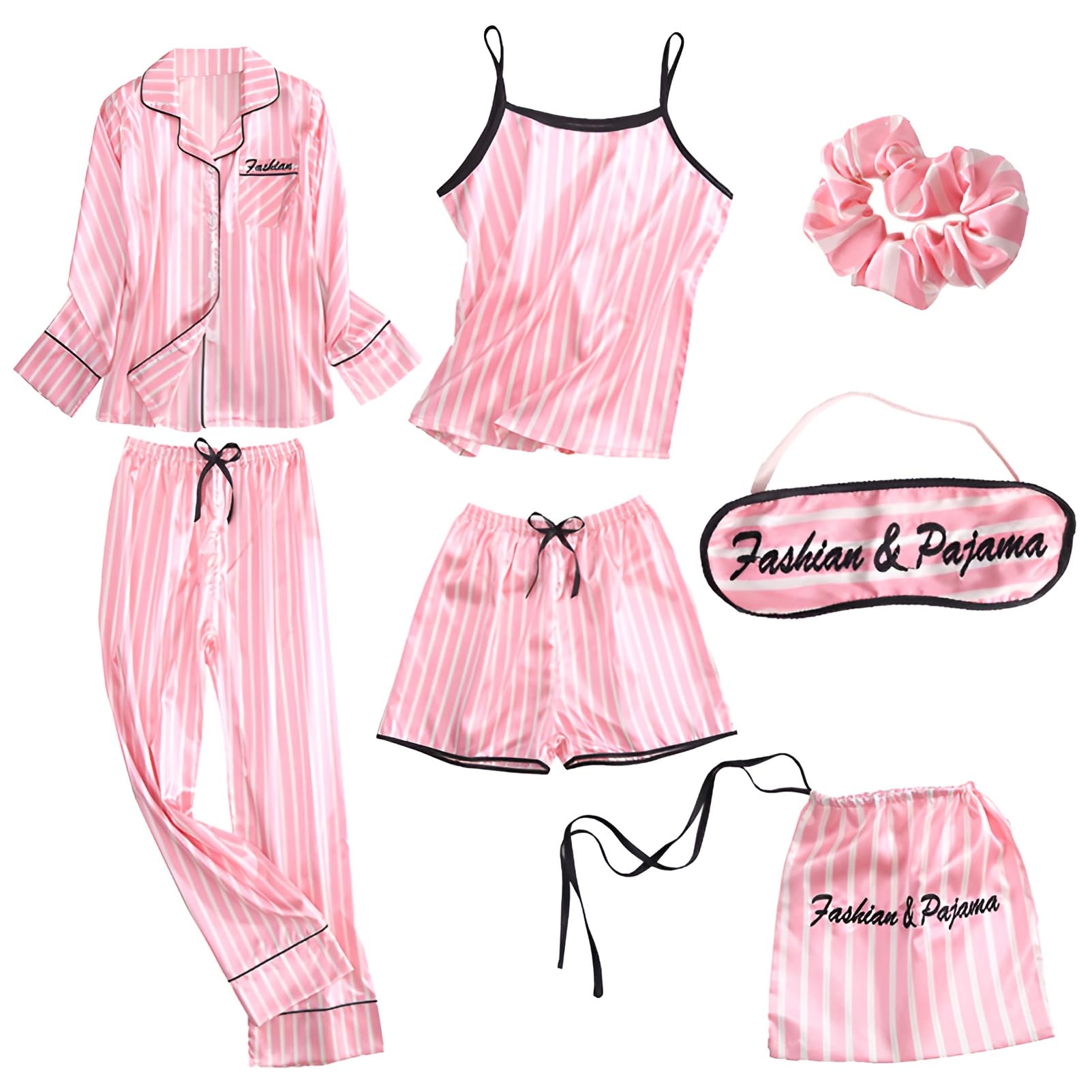 Jamron Women's 7-Piece Satin Pajama Set - Soft Sleepwear for Spring, Summer & Fall - Short Sleeve Top & Pants/Shorts - Perfect for Lounging, Sleepovers & Vacation Comfort