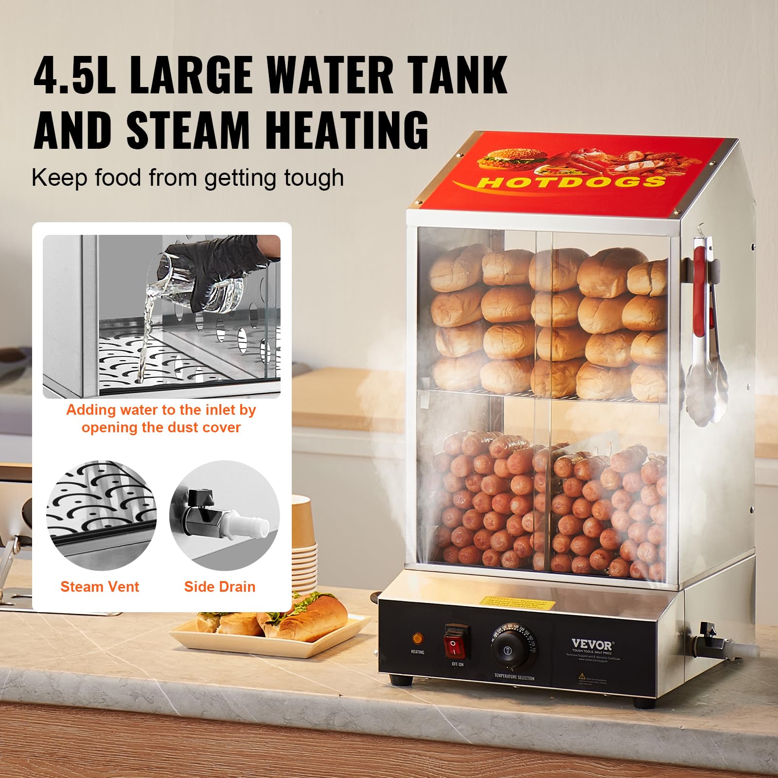 VEVOR 39QT Commercial Hot Dog Steamer - 2-Tier Electric Bun Warmer with Temperature Control (86°F-185°F), Stainless Steel Hot Dog Machine with Tempered Glass Doors & Serving Tools - Perfect for Hot Dog Stands, Food Trucks, and Restaurant Kitchens
