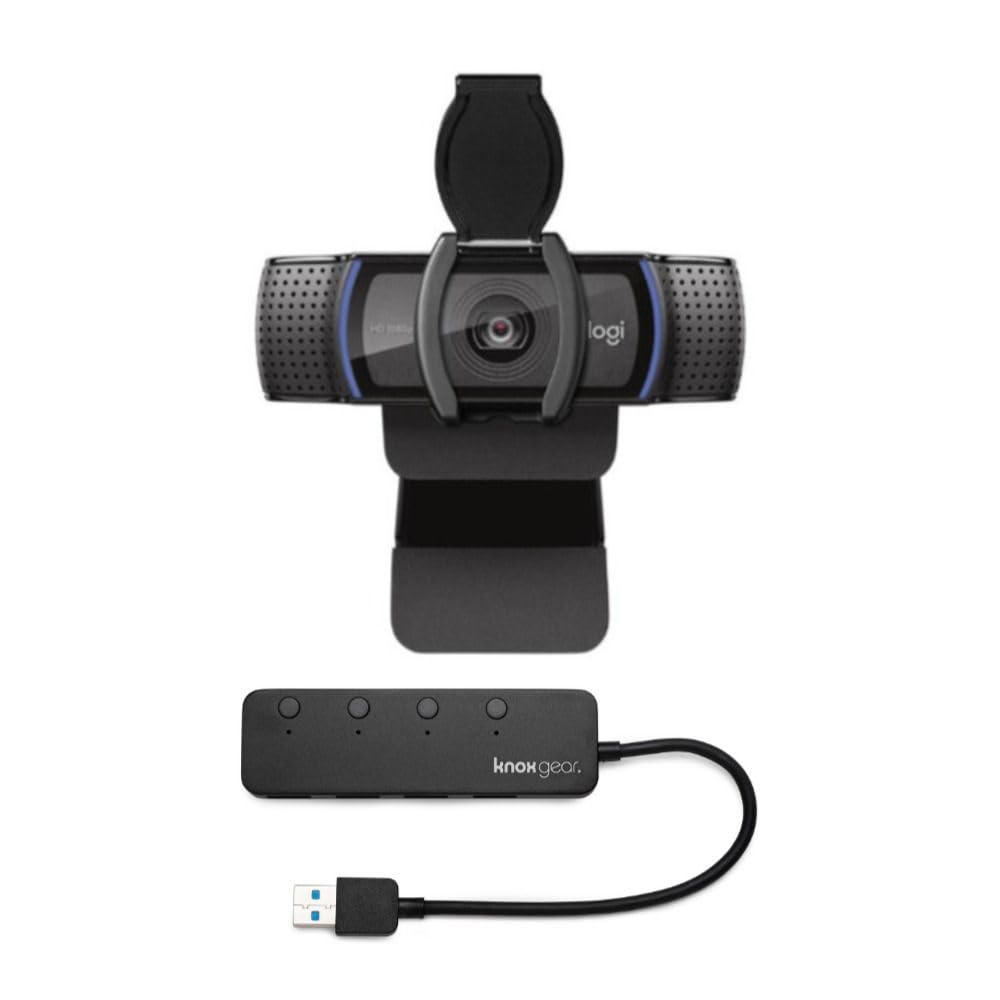Logitech C920S HD Pro Webcam with Privacy Shutter & 4-Port USB 3.0 Hub Bundle - 1080p Full HD Web Camera for Video Conferencing, Streaming, Zoom Meetings & Online Classes (2-in-1 Combo Pack)