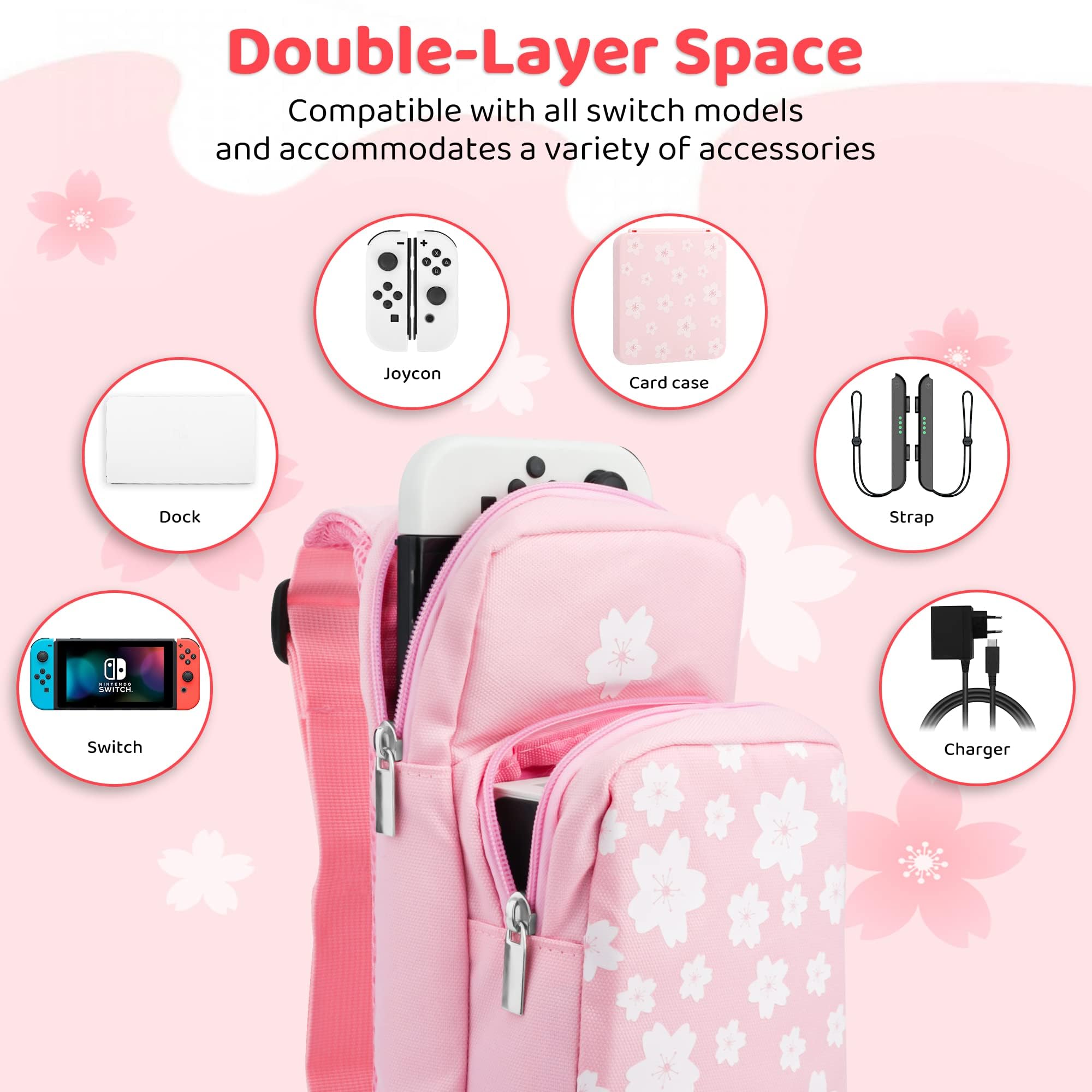 Pink Travel Bag for Nintendo Switch/Lite/OLED - Large Capacity Portable Carrying Case with 12 Game Slots & Thumb Grip Caps - Sakura Design - Perfect for Gaming On The Go, Travel, and Accessories Storage