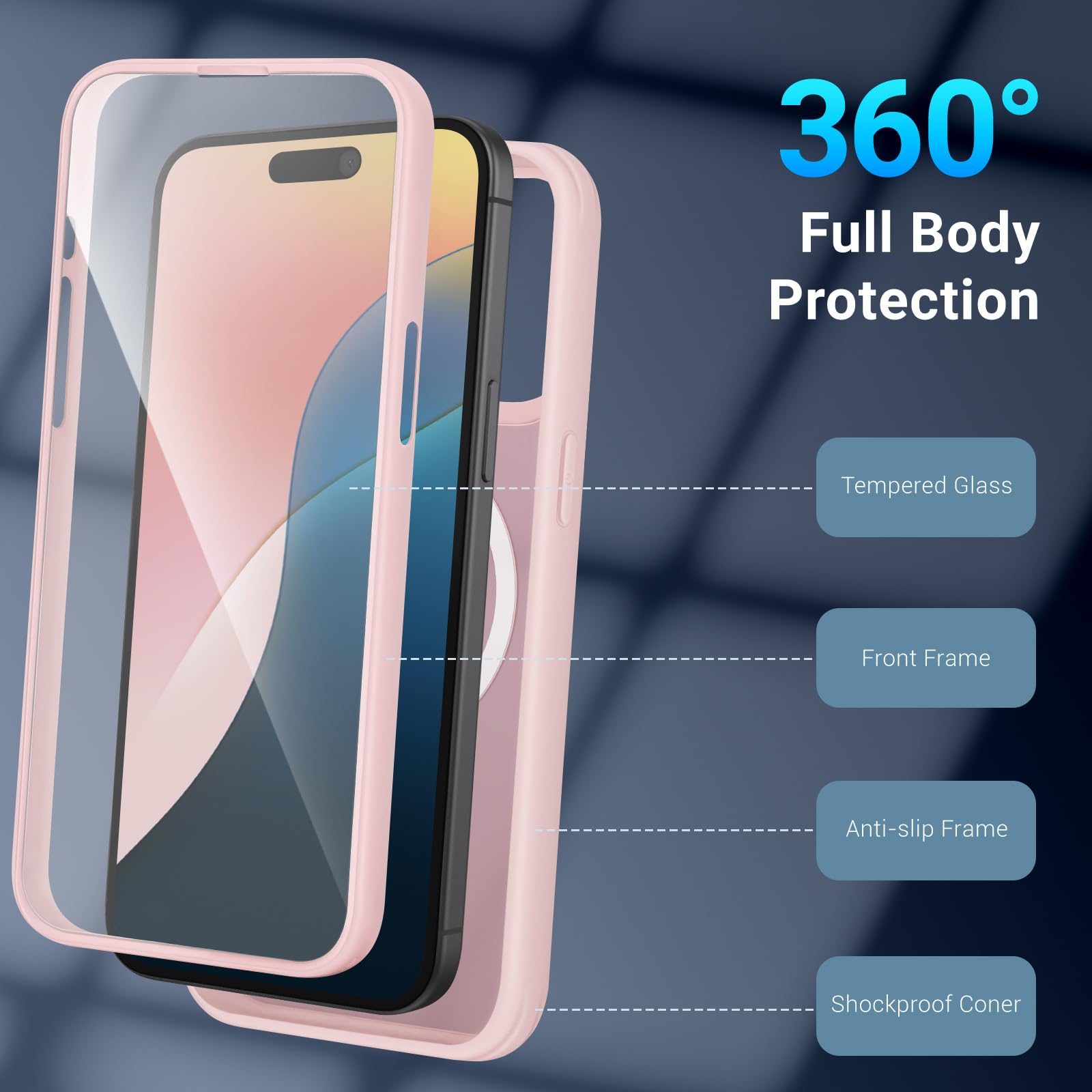 XcaseBar Rugged iPhone 15 Pro Max Case with Built-in Tempered Glass Screen Protector | Shockproof Full-Body Protection | MagSafe Compatible | Rose Gold | Perfect for Outdoor Activities, Travel & Daily Use