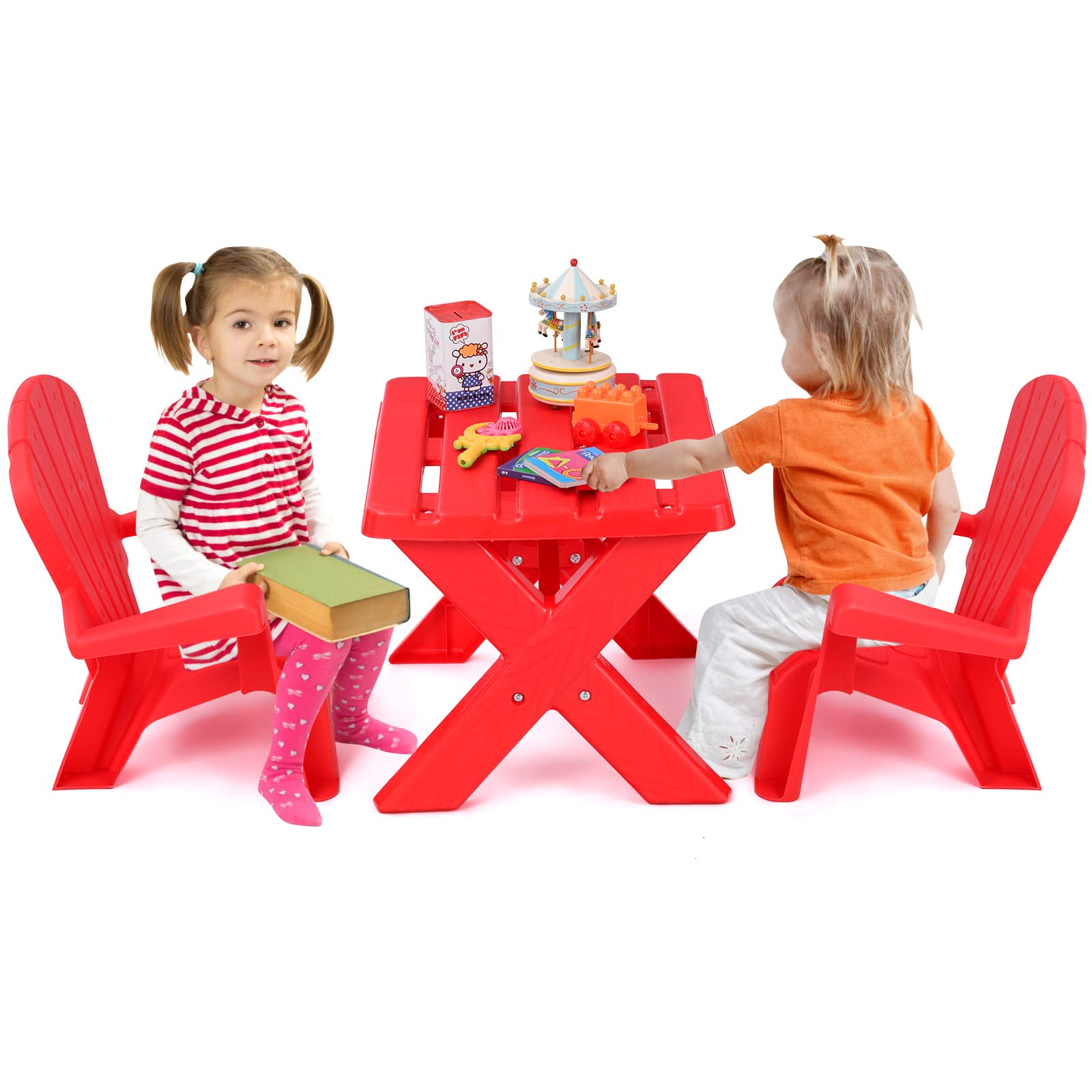COSTWAY Kids Outdoor Table & Chair Set - 3-Piece Toddler Play Table with 2 Adirondack Chairs, Stackable Space-Saving Backyard Furniture for Beach, Garden & Lawn (Red) | Perfect for Outdoor Play, Picnics & Summer Activities