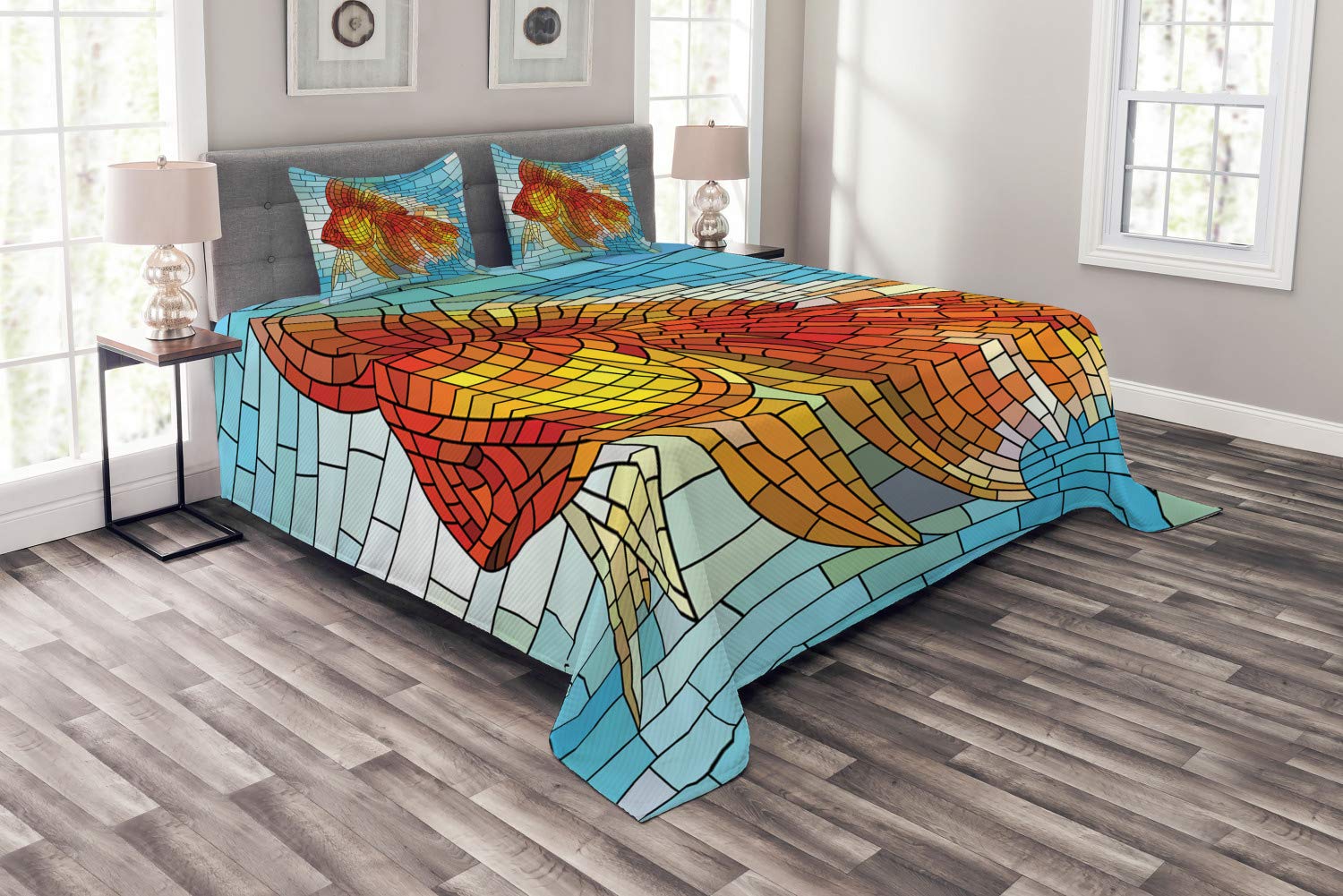 Ambesonne King Size Fish Bedspread Set - Stained Glass Mosaic Art Design with Orange & Blue Tones, 3-Piece Quilted Coverlet & 2 Pillow Shams - Perfect for Coastal, Nautical or Modern Bedroom Decor
