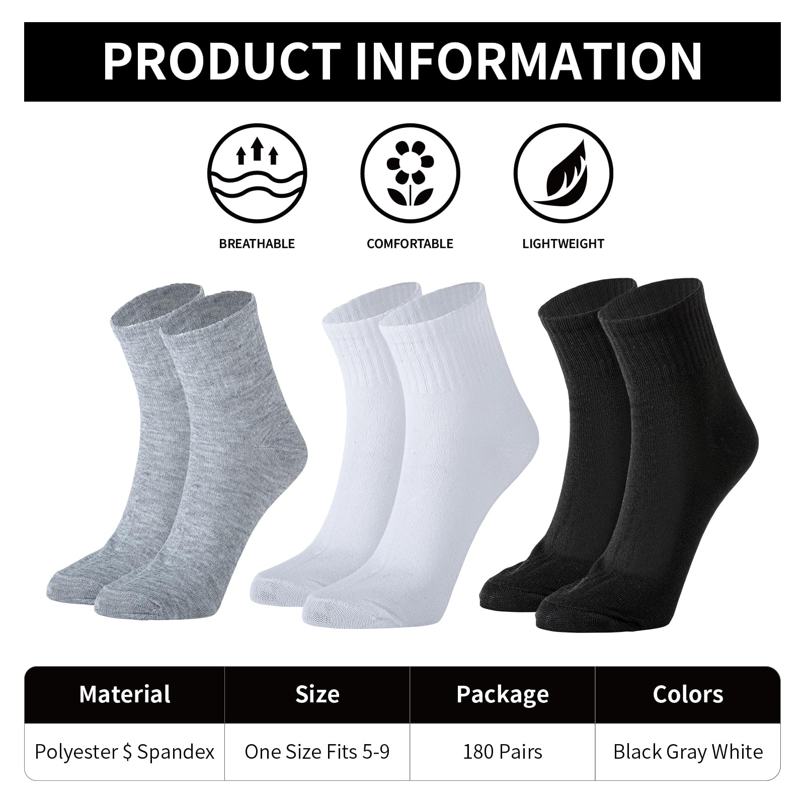 180 Pairs Bulk Athletic Socks for Men & Women - Moisture Wicking Sports Socks for Running, Gym & Casual Wear