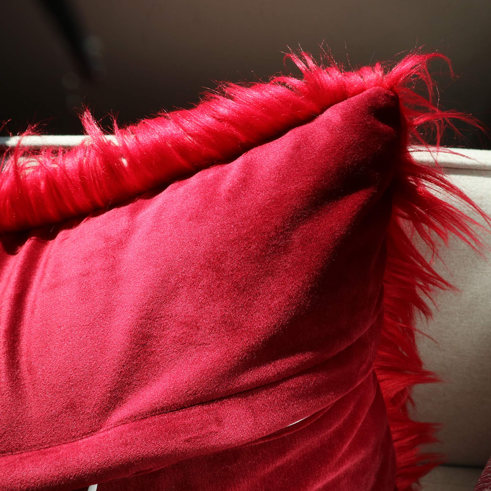 Luxury Faux Fur Throw Pillow Covers 18x18 Inch (45x45cm) - Soft Mongolian Long Fur Square Cushion Covers for Couch, Sofa & Floor - 100% Polyester Home Decor (Bright Red, 2-Pack) - Perfect for Living Room, Bedroom & Cozy Home Decor