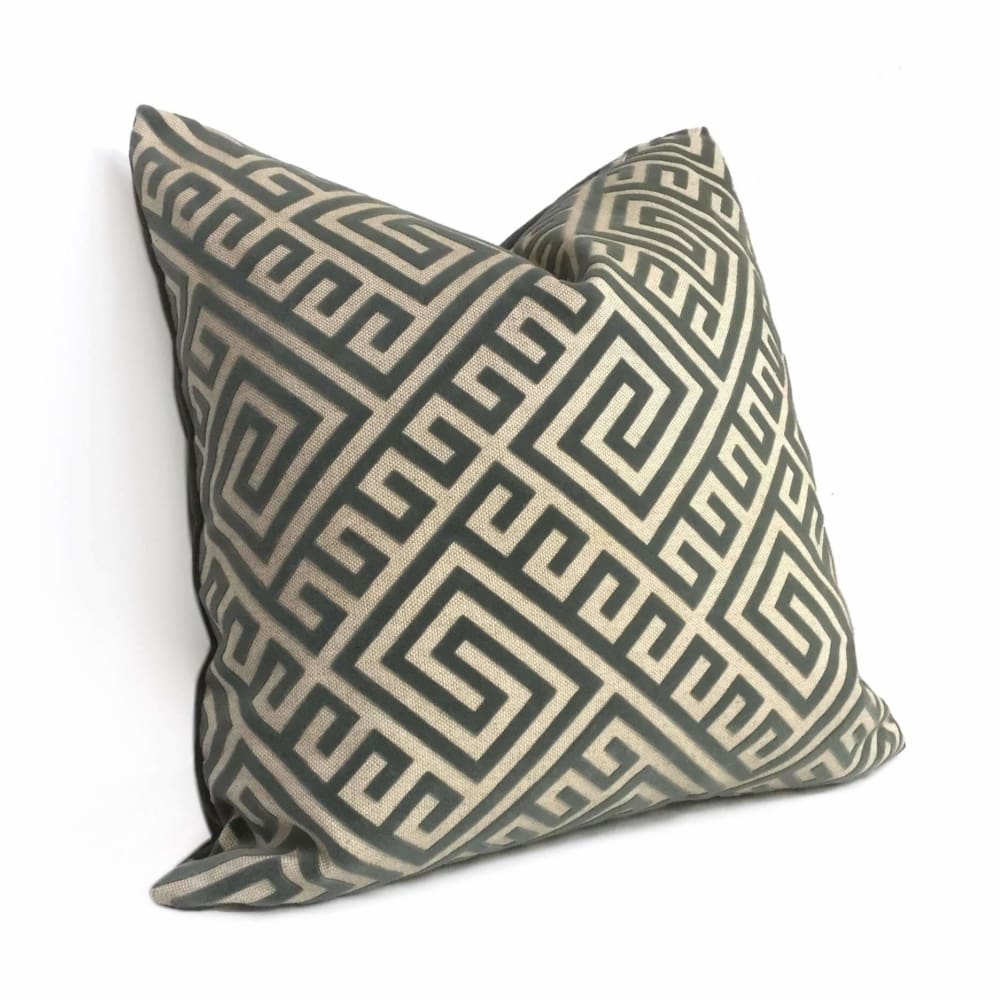Thebes Thunder Gray & Beige Greek Key Velvet Pillow Cover - Decorative Throw Pillow Case for Sofa, Bed, Couch - 18x18 Inches (Fabric by the Yard Available) - Perfect for Living Room, Bedroom & Home Decor